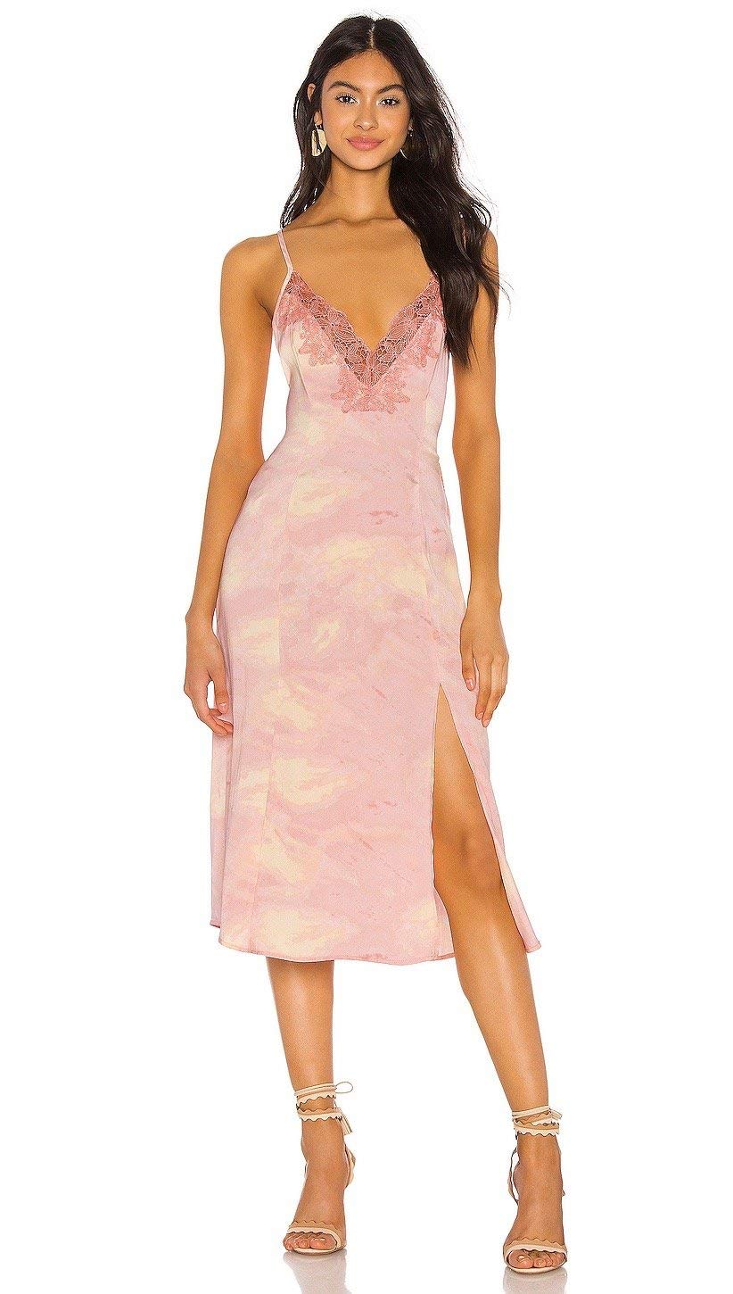 Free People Chasing Shadows Silky Tie Dye Midi Slip Dress in Pink | Boho Chic Summer Dress for Beach, Music Festivals & Date Nights