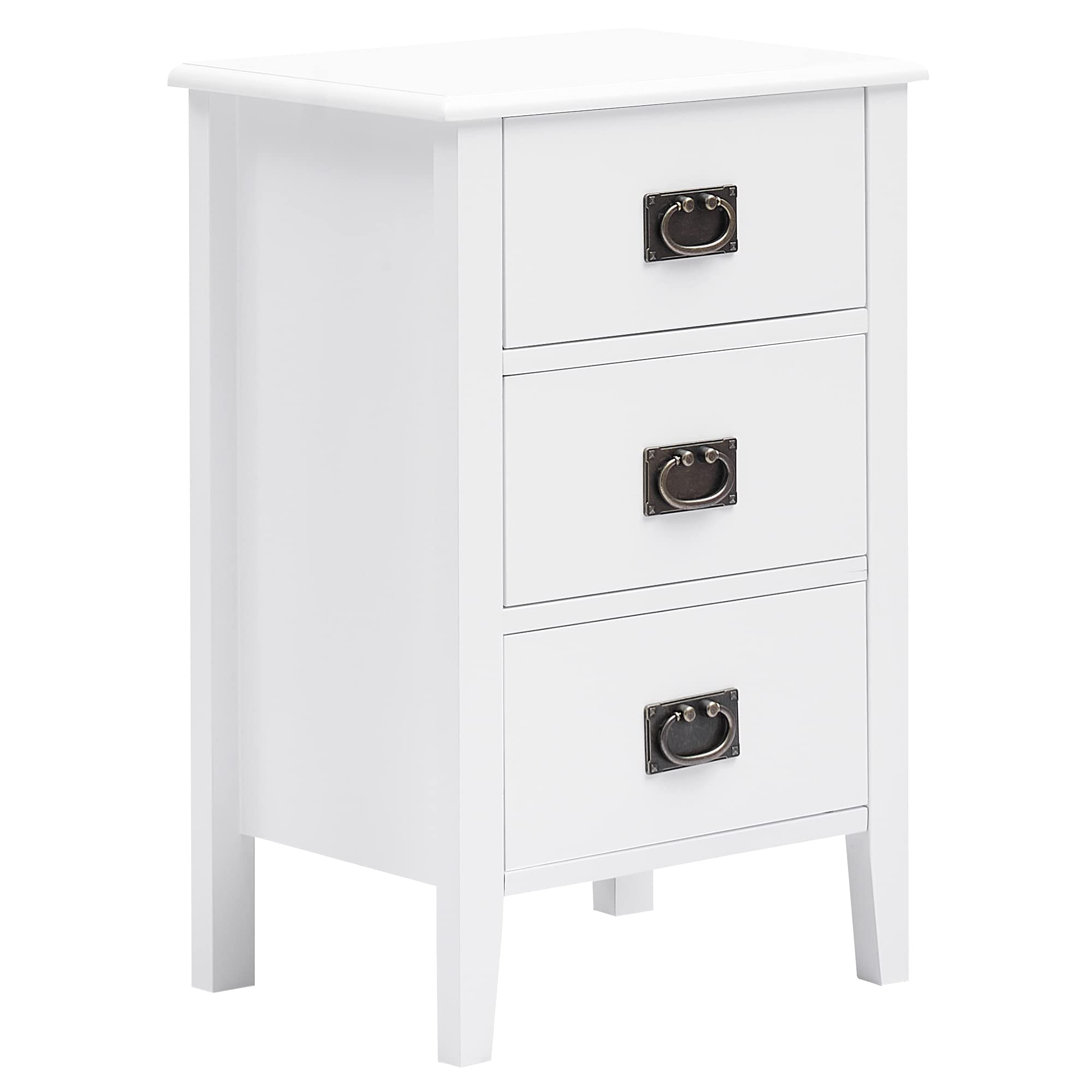 VECELO Nightstand with 3 Drawers - Vintage White End Table for Bedroom & Living Room - Small Space Solid Wood Side Table - Perfect for Storage & Home Decor