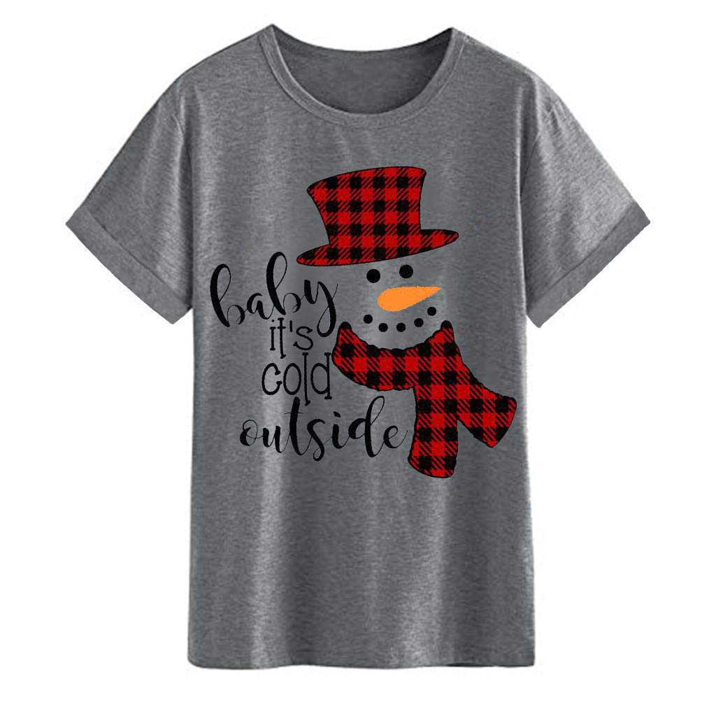 Women's Christmas T-Shirt - Short Sleeve Plaid Snowman Print V-Neck Casual Top for Holiday Party & Family Gathering | Festive Winter Apparel