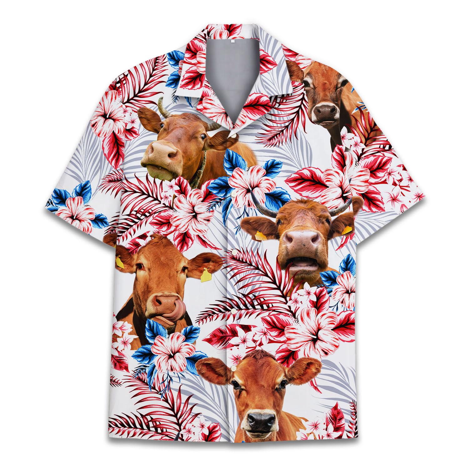 PIGO Cow Print Hawaiian Shirts for Men - Tropical Cow Button Down Shirt with US Flag Design - Short Sleeve Casual Shirt for Beach, Summer Vacation & Luau Parties