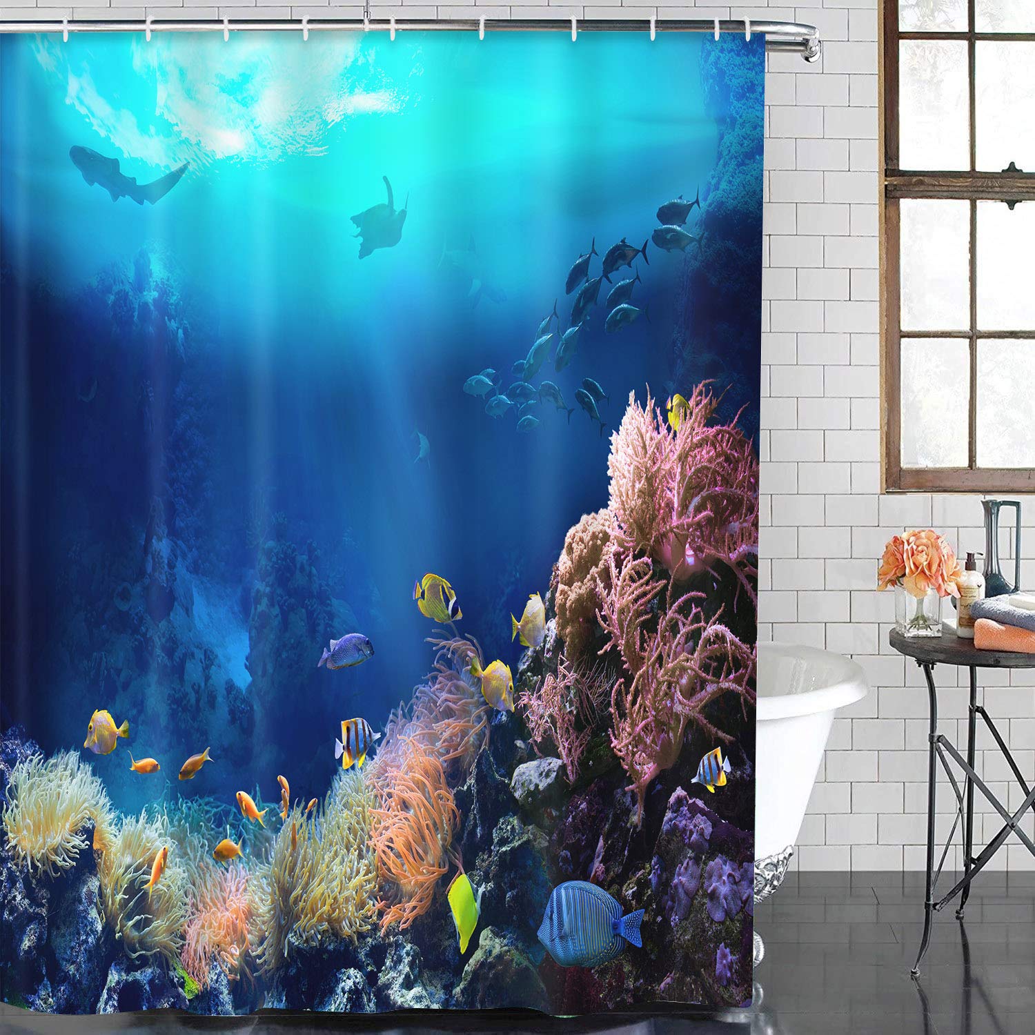 ArtSocket Underwater Coral Reef Bathroom Set - Tropical Ocean Fish Shower Curtain & Non-Slip Rugs 4 Piece Bath Accessories | Marine Aquatic Decor for Beach Themed Bathrooms & Kids' Bathroom Decor