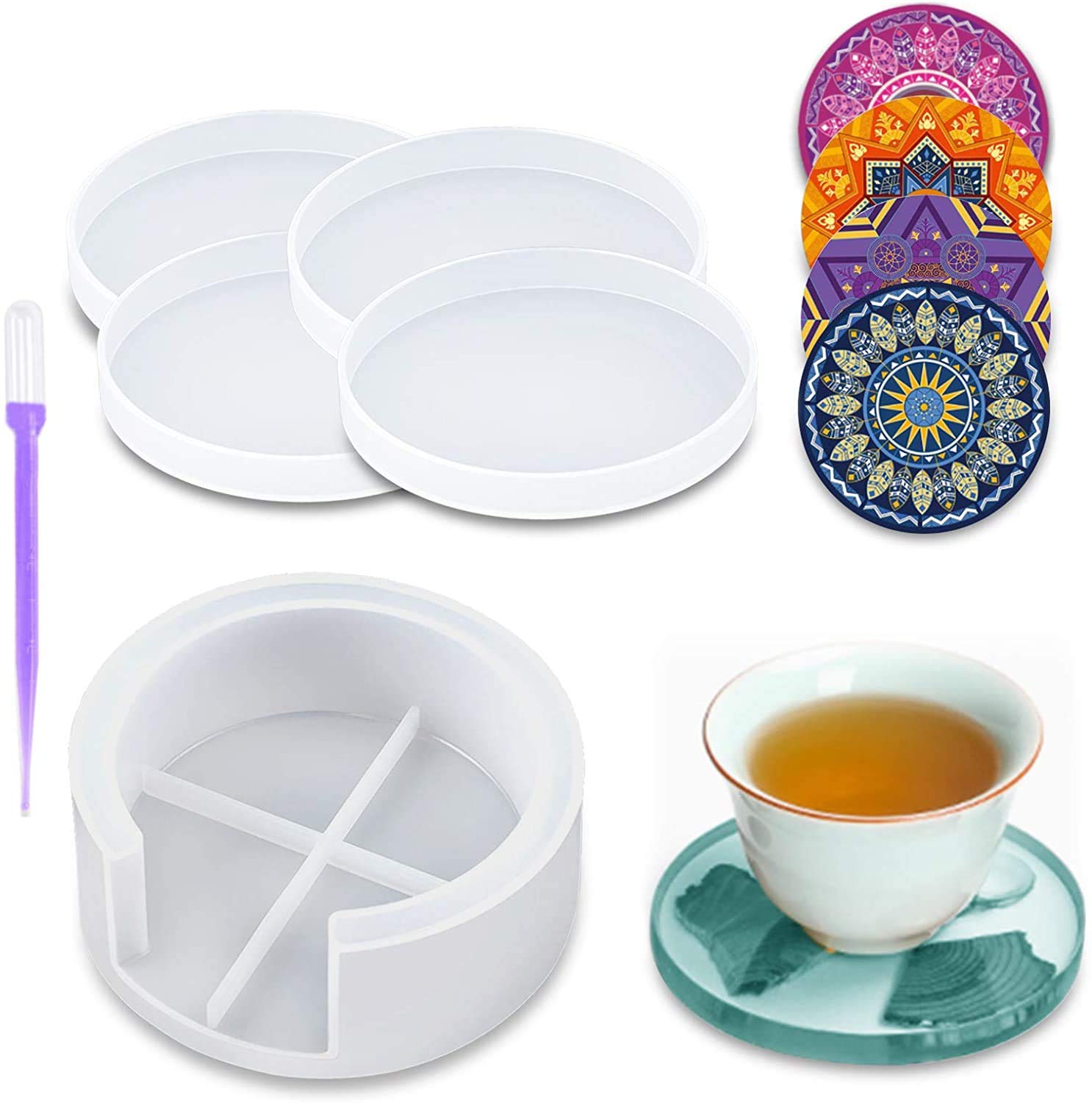 4Pcs Round Silicone Coaster Molds for Resin Casting with Storage Box - DIY Epoxy Resin Coasters, Cup Mats - Perfect for Home Decor, Craft Projects & Gift Making