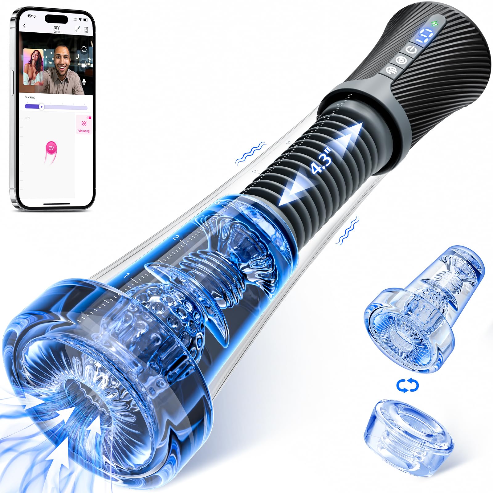 **Transparent Visual Male Masturbator with APP Control - Vibrating Spring & Vacuum Suction Penis Pump Enlarger, Includes 2 Replaceable Sleeves for Enhanced Pleasure & Penis Glans Training - Perfect for Solo Play & Couples Fun**