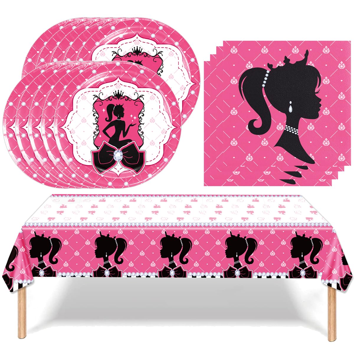 Pink Girl Birthday Party Supplies Set - 20 Plates, 20 Napkins, 1 Tablecloth for Kids Celebration, Baby Shower & Themed Decorations