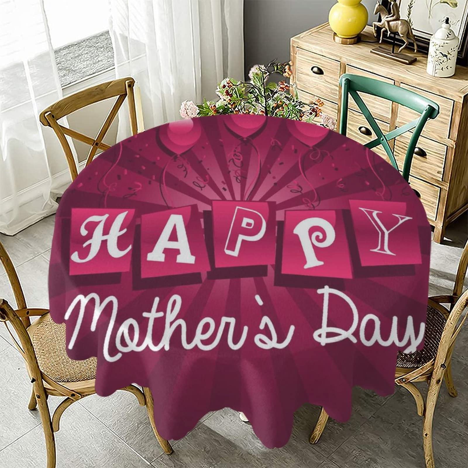 Happy Mother's Day Waterproof Tablecloth - 60 Inch Farmhouse Style Fabric Table Cover for Kitchen, Coffee Table, Picnics & Banquets | Dustproof & Easy to Clean | Perfect for Indoor & Outdoor Dining Decor