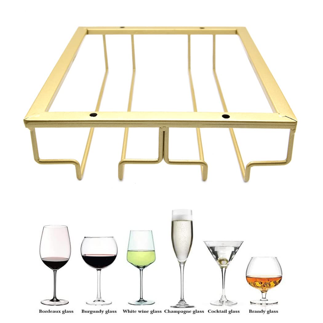 Premium Wrought Iron Under Cabinet Wine Glass Holder - 2 Rows Gold Hanging Goblet Rack for Kitchen, Bar & Dining Room | Space-Saving Glassware Storage Solution for Home Entertaining