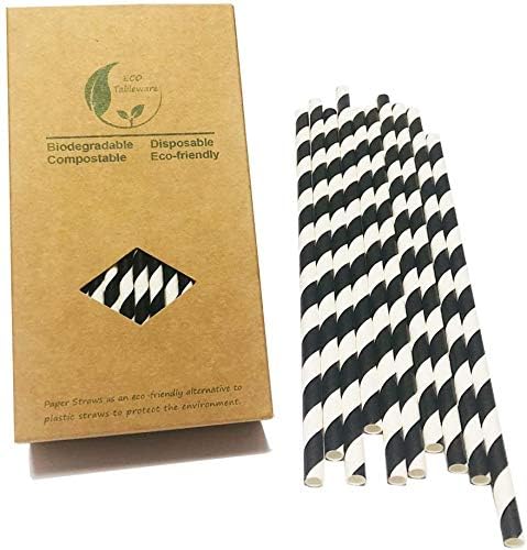 Eco-Friendly Black Striped Paper Straws - 100 Pack Biodegradable Drinking Straws with Colorful Stripes, Durable & Disposable for Parties, Weddings, Cocktails & Home Use