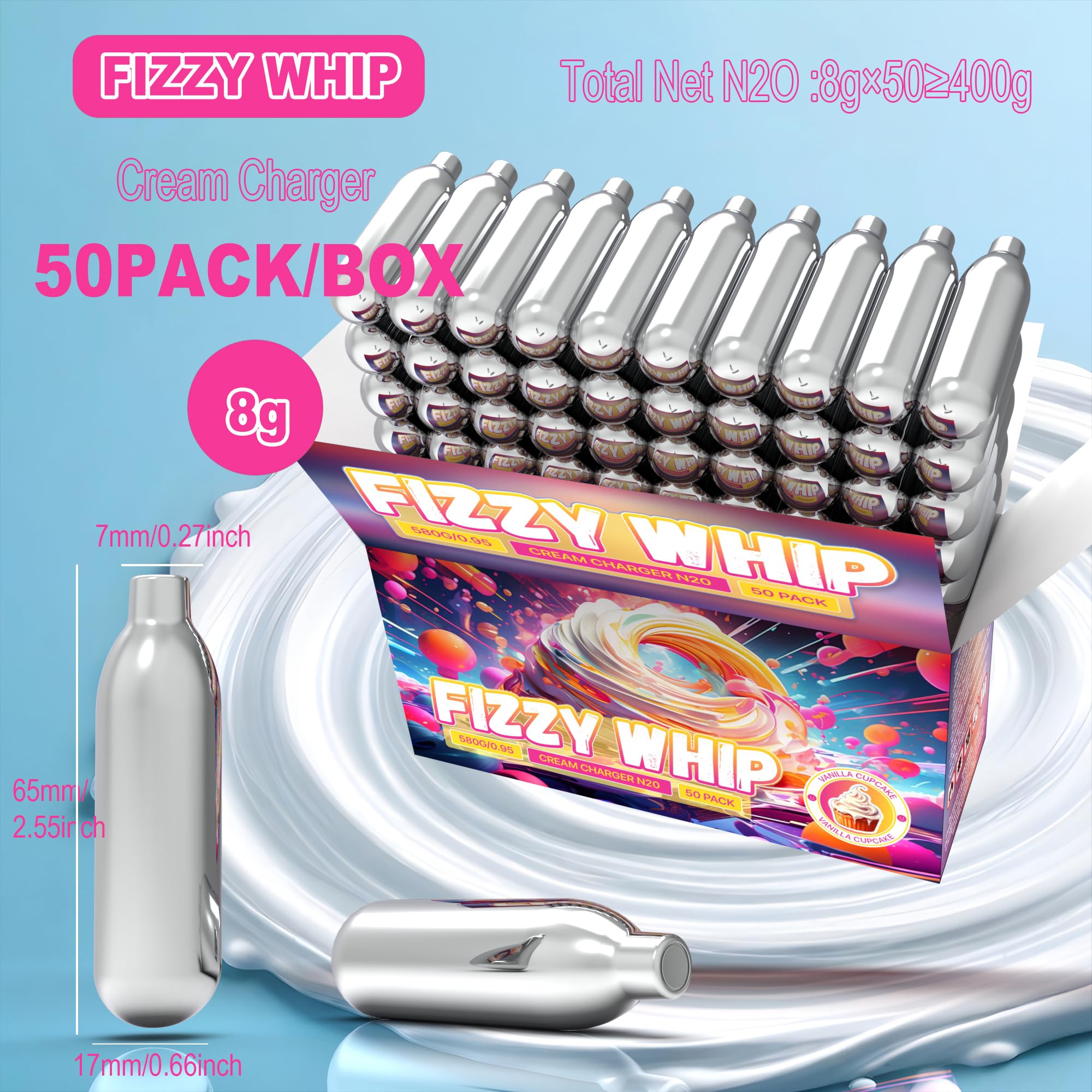 Premium N2O Cream Chargers 50 Pack - 8.5g Nitrous Oxide Cartridges for Whipped Cream Dispensers | Professional Grade for Desserts, Coffee Toppings & Cocktail Garnishes | Food Safe Whipper Chargers