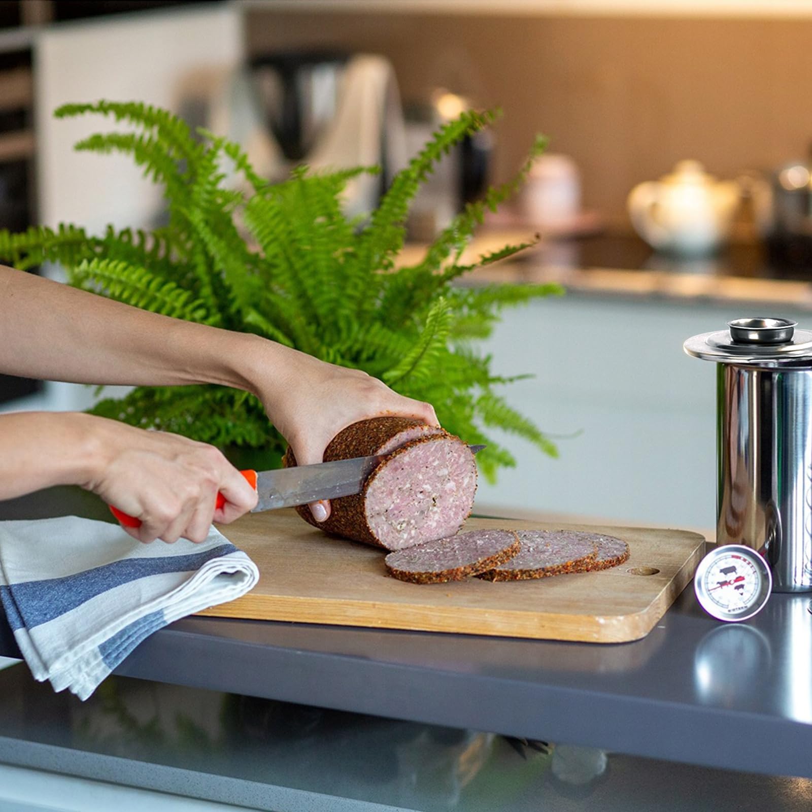 Professional Ham Maker & Meat Press - Stainless Steel Deli Meat Press with Built-in Thermometer for Homemade Lunch Meat, Sausage & Jerky | Perfect for Deli Shops, Home Kitchens & BBQ Parties