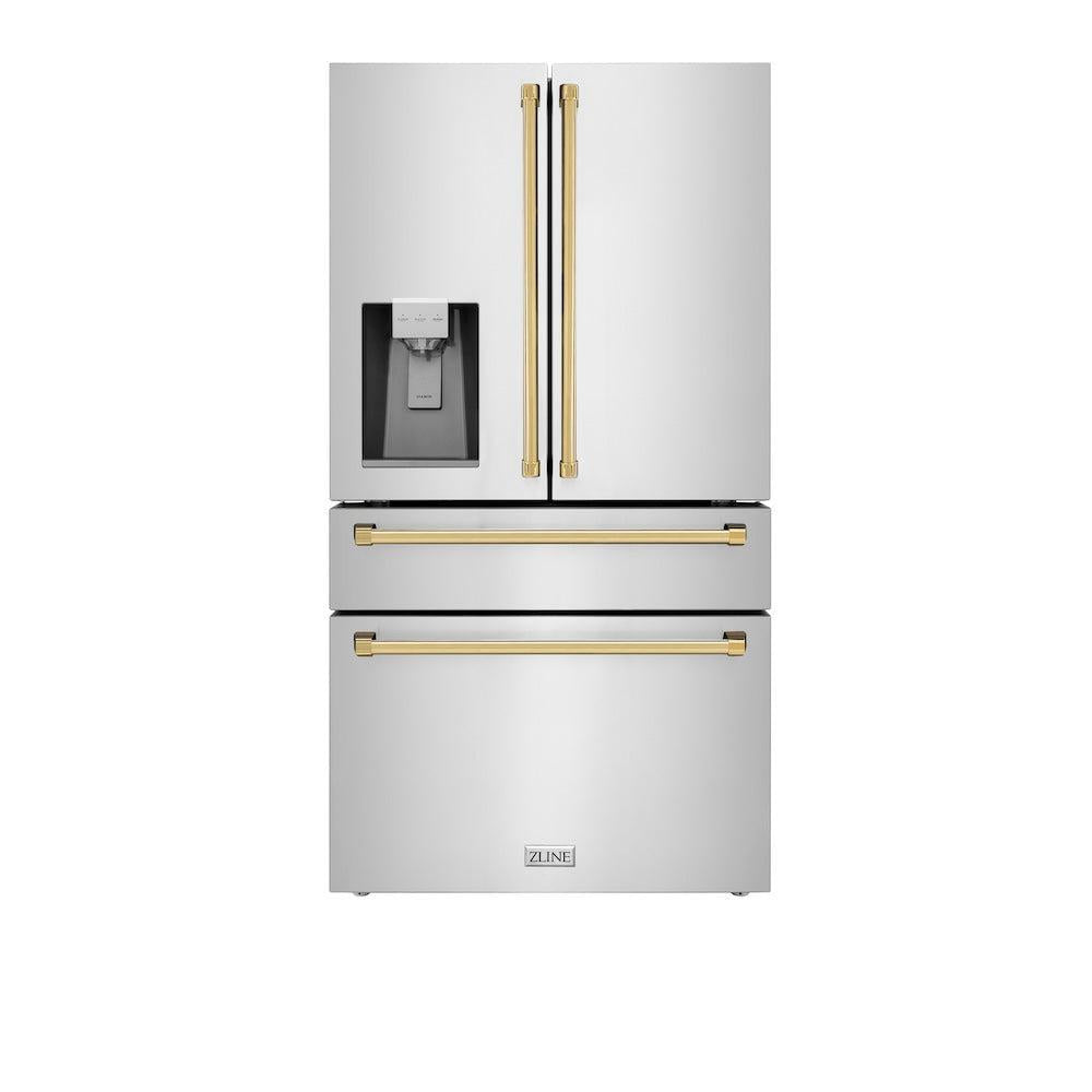 ZLINE Autograph Edition 36 Inch Counter Depth French Door Refrigerator - 21.6 cu ft Capacity, Fingerprint Resistant Stainless Steel with Polished Gold Handles, Built-in Water & Ice Dispenser (RFMZ W 36 G) - Perfect for Modern Kitchens, Open Concept Homes & Luxury Appliances Collection