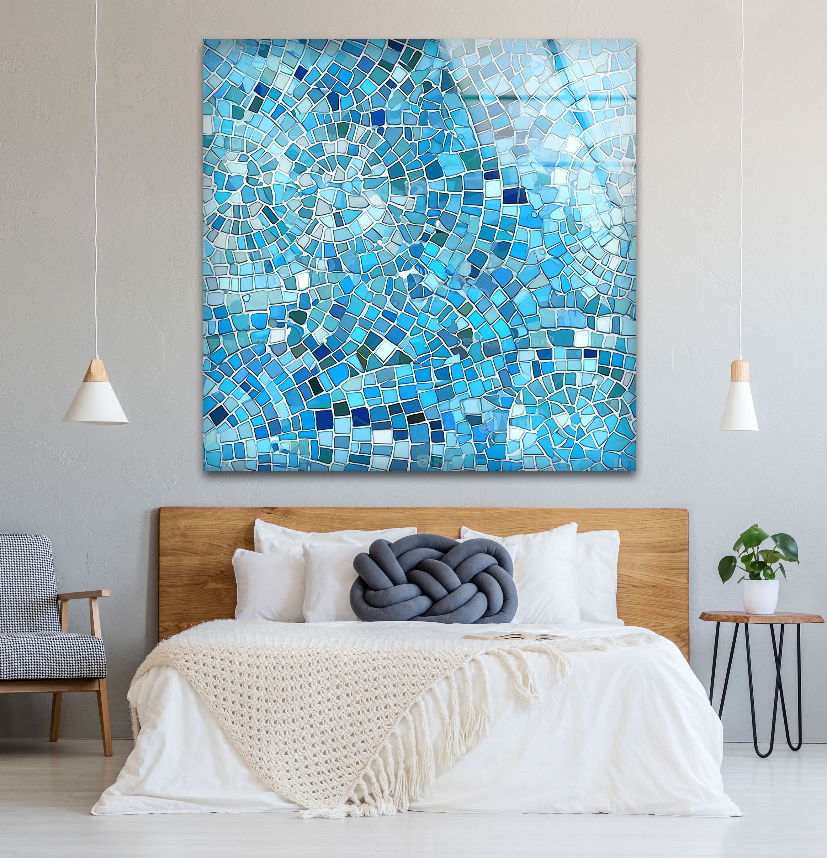 Aqua Blue Mosaic Glass Wall Art - Coastal Geometric Bathroom Decor for Spa, Beach House & Home - Perfect for Bathroom, Living Room, Bedroom Wall Decor