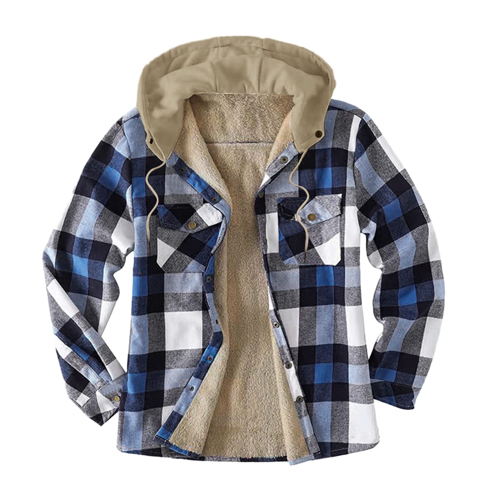 PHSHY Men's Thermal Quilted Lined Flannel Shirt Jacket - Big & Tall Winter Plaid Hooded Shirt with Berber Fleece Lining for Camping & Outdoor Activities