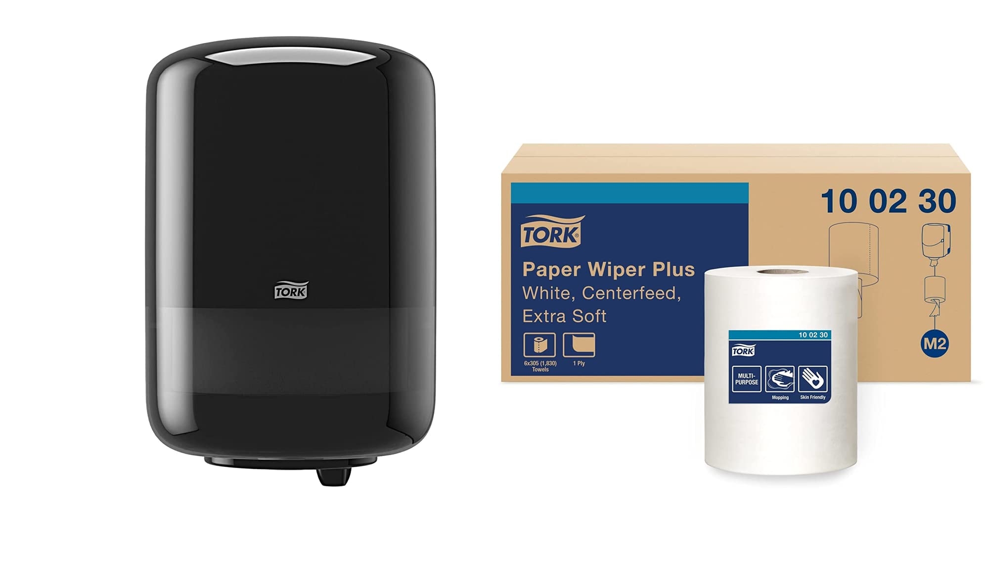 Tork Industrial Centrefeed Dispenser Black - M2 + Refill - Centerfeed Paper Wiper White, 6 x 305 Sheets | Heavy-Duty Commercial Paper Towel Dispenser for Restaurants, Kitchens & Workshops