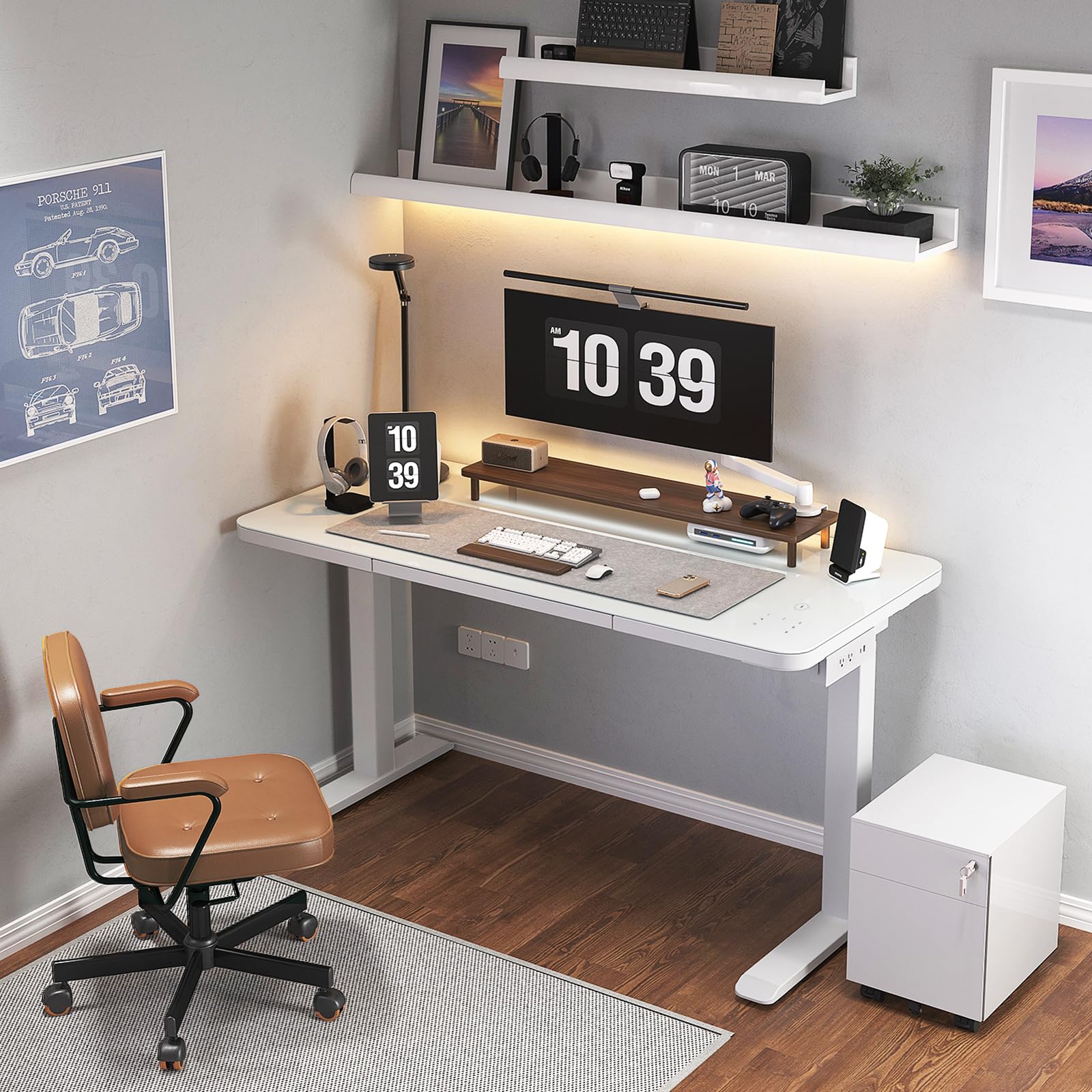 Adjustable Height Glass Standing Desk with Drawers - 45 x 23 Inch, Touch Control, Power Outlet, USB Ports & Wireless Charging - Dual Motor Sit Stand Desk for Home & Office (White) - Perfect for Remote Work, Gaming & Ergonomic Workspaces