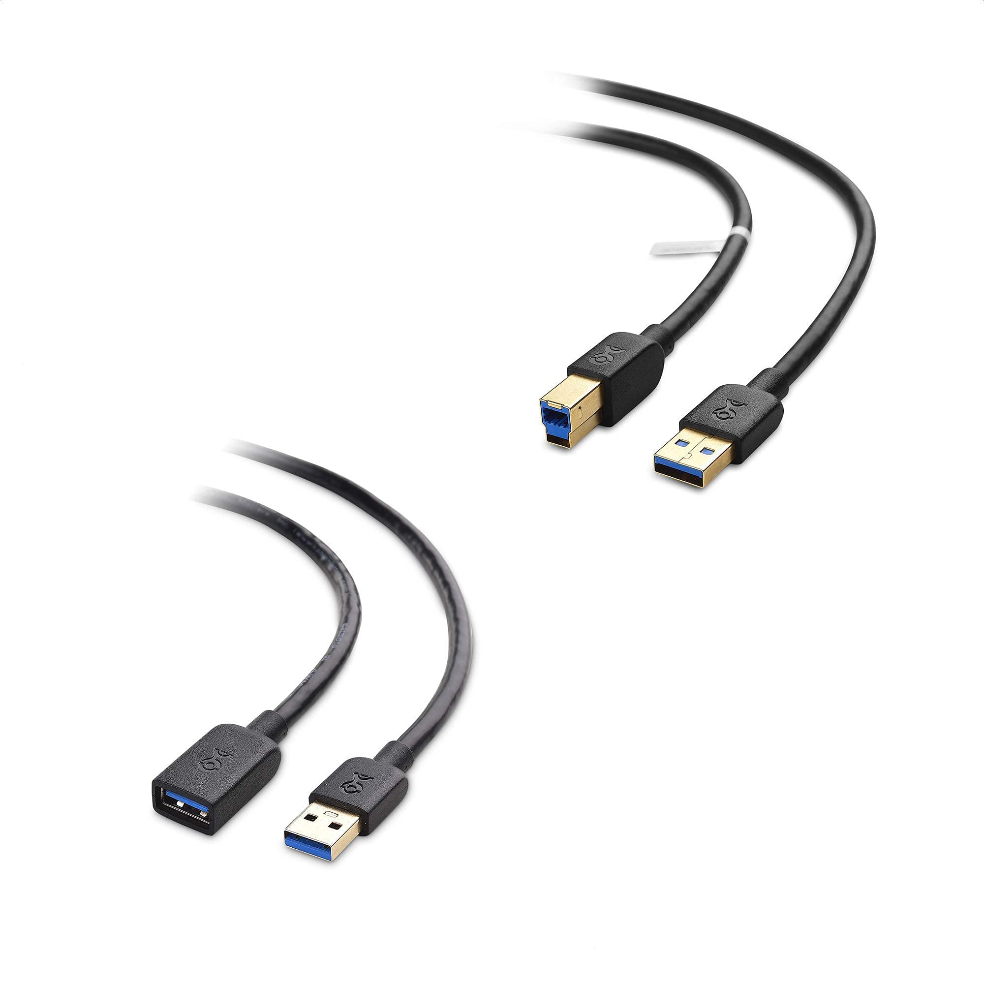 USB 3.0 A to B Cable 3ft & USB Extension Cable - High Speed Data Sync for Printers, Scanners, External Hard Drives | Durable Black Short Cable for Office & Home Use