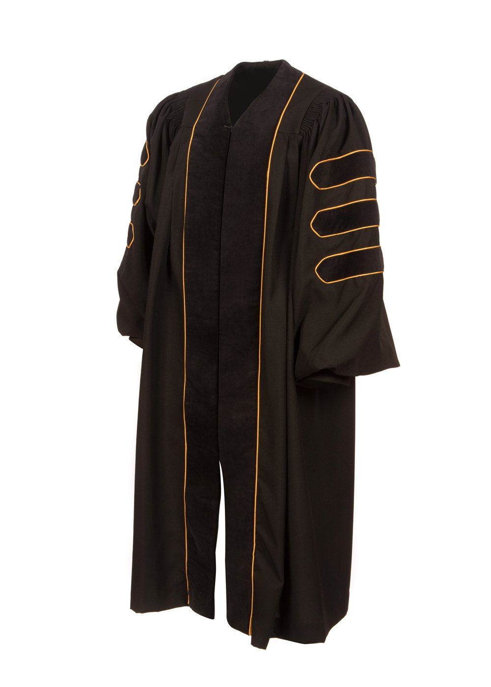 American Doctoral Graduation Gown - Black with Black Velvet & Gold Piping | PhD Graduation Attire for Commencement Ceremonies & Academic Events