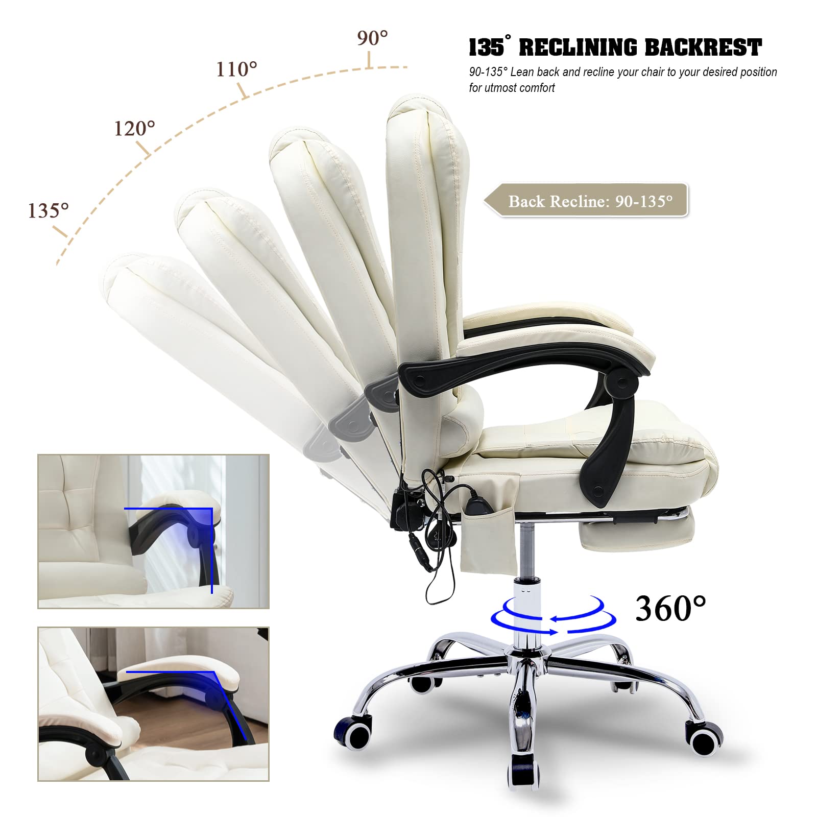 Ergonomic Reclining Office Chair with Massage & Heat - PU Leather Executive Computer Chair with Adjustable Footrest, Padded Armrest & High Back Support - Perfect for Home Office, Gaming & Study (White)