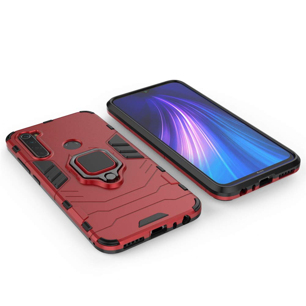 LuluMain Shockproof Hard Bumper Case for Xiaomi Redmi Note 8 - Compatible with Magnetic Car Mount, Metal Ring Grip & Kickstand | Dual Layer Rugged Protective Cover (Red) | Perfect for Outdoor Activities, Travel & Daily Use