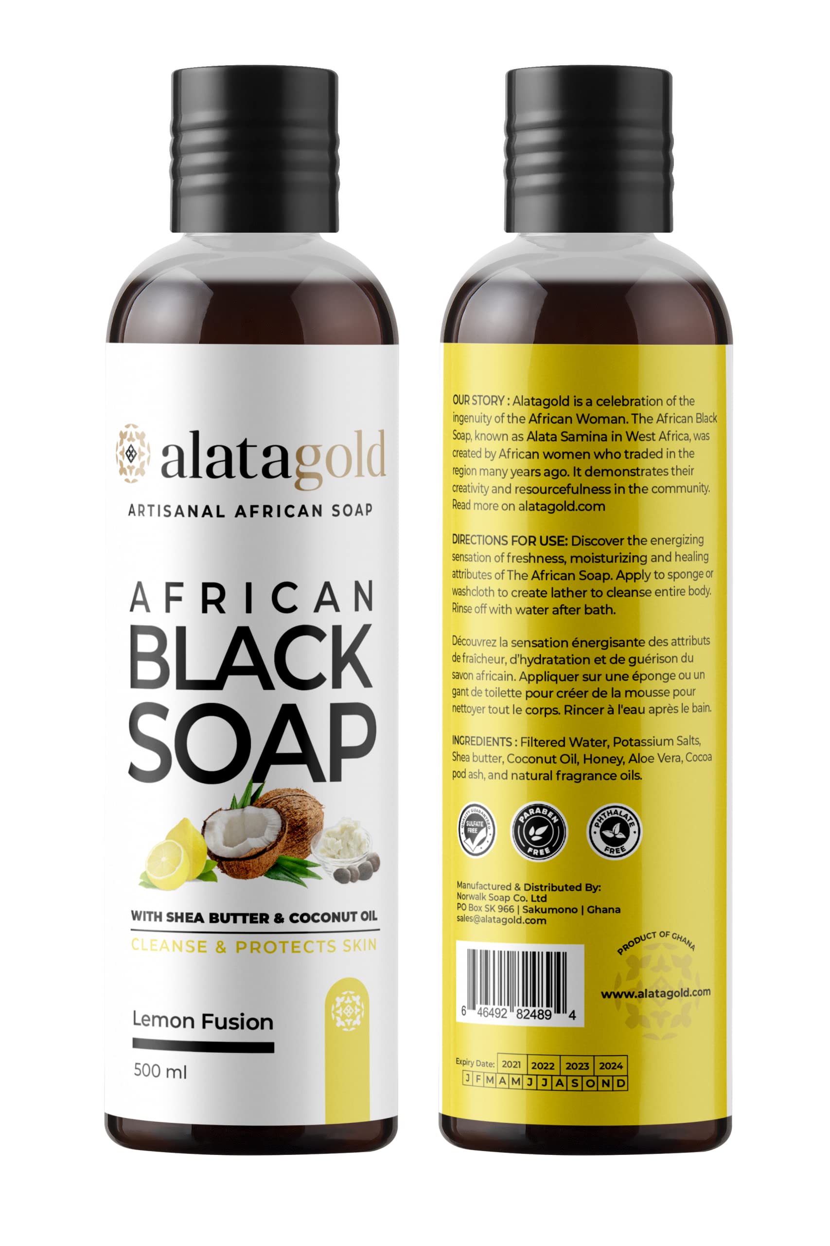 African Black Soap Liquid Body Wash (Pack of 2) - Moisturizing Black African Soap with Shea Butter, Aloe Vera, Honey & Coconut Oil - Deep Cleansing & Hydrating Body Wash for Dry, Sensitive Skin - 16.9 fl oz (Lemon Scent) - Perfect for Daily Shower, Spa Day & Post-Workout Refreshment
