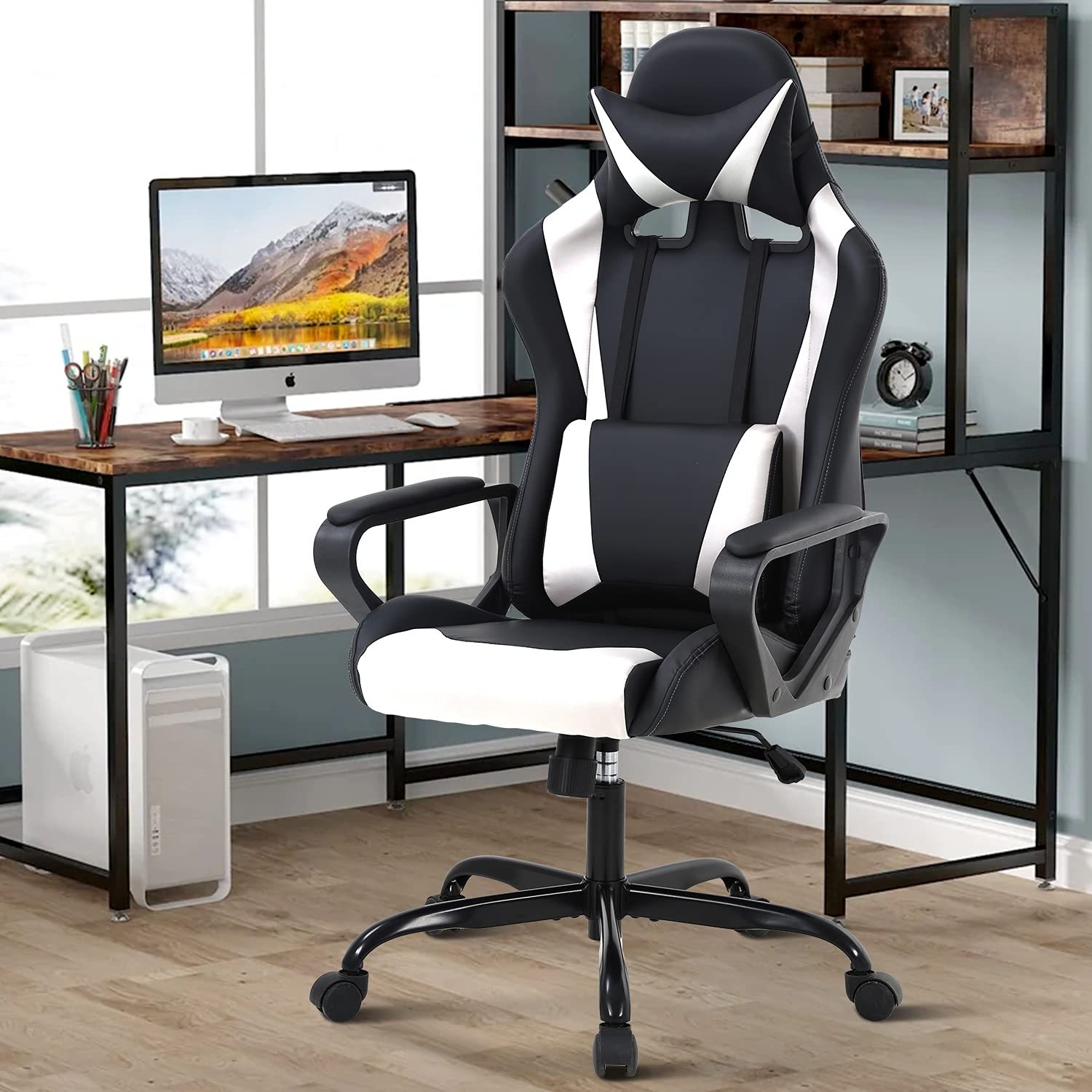 HKELI Ergonomic Gaming Chair - 250LBS Capacity PU Leather Adjustable Racing Computer Chair with Headrest, Armrest & Lumbar Support - Perfect for Office, Gaming Room & Home Workspace (White)