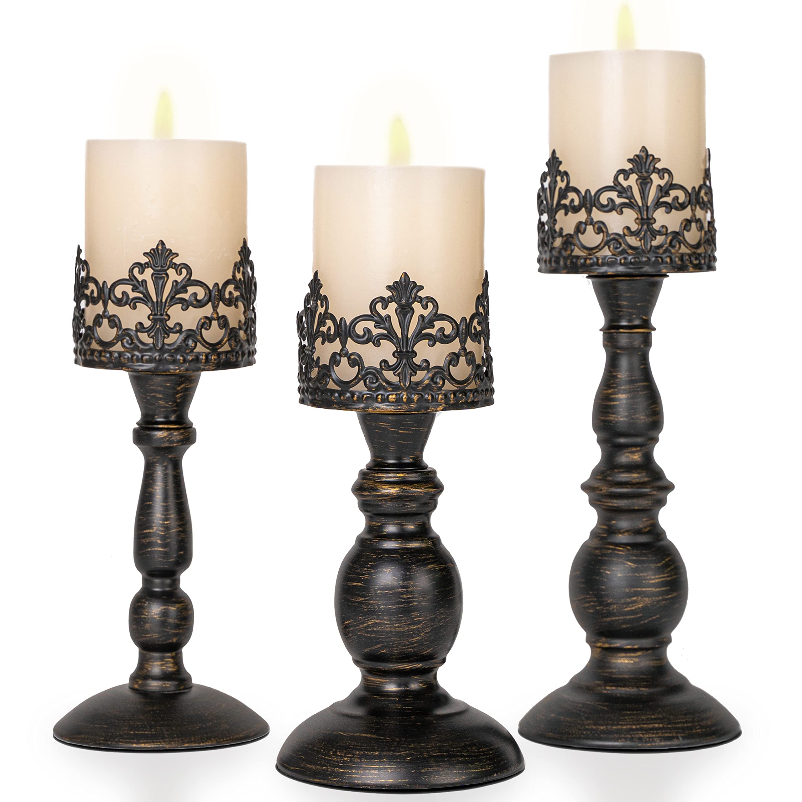 Distressed Black Candle Holders Set of 3 - Vintage Crown Pillar Candle Stands for Table Centerpiece, Fireplace & Home Decor - Tall Antique Metal Candle Holders Perfect for Weddings, Holidays & Gifts