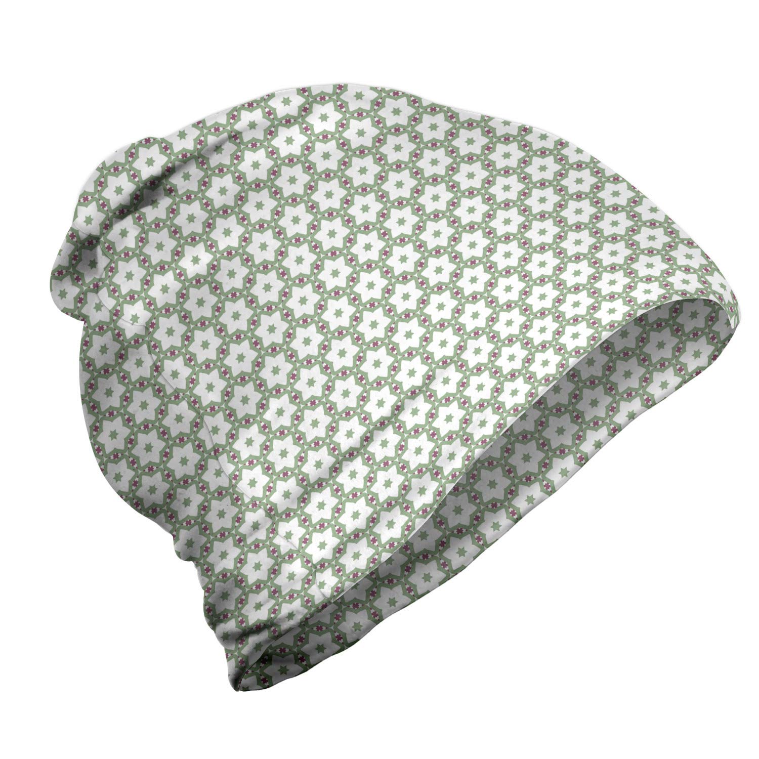 Ambesonne Unisex Beanie Hat - Star and Floral Design for Men & Women - Warm Winter Knit Cap for Hiking, Camping, and Outdoor Activities