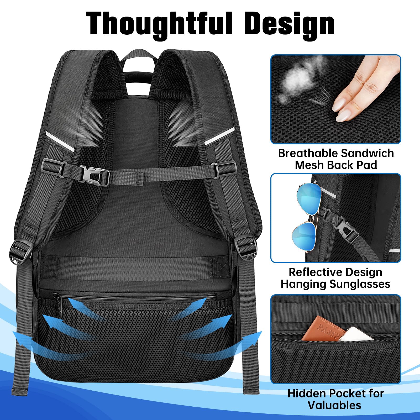 Ytonet Large Gym Backpack for Men & Women - 17.3 Inch Laptop Travel Backpack, TSA Approved Carry On Bag for Workout, Sports, Business Travel & Daily Commute - Durable Black Sports Backpack for Gym, Office & Airplane Use