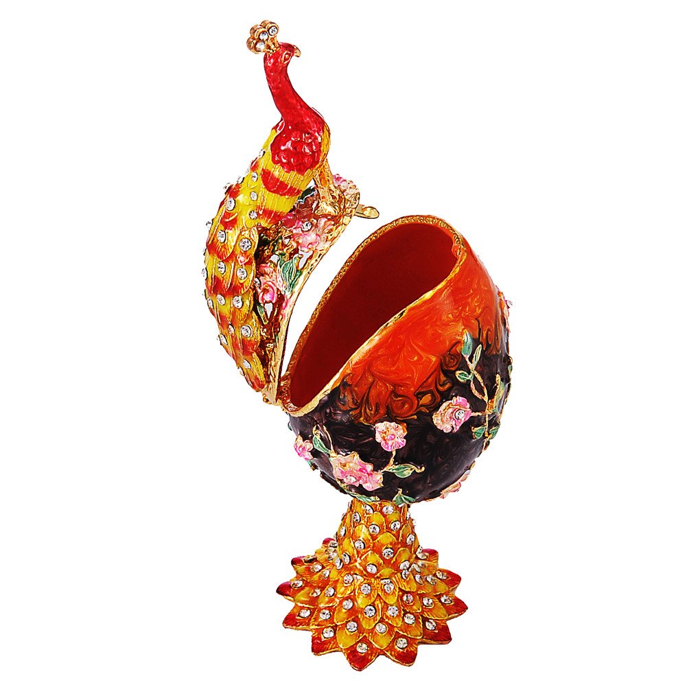 QIFU Hand-Painted Orange Peacock Easter Egg Enamel Jewelry Box - Unique Gift for Women, Mothers, Collectors | Perfect for Easter Decor, Home Display & Jewelry Storage