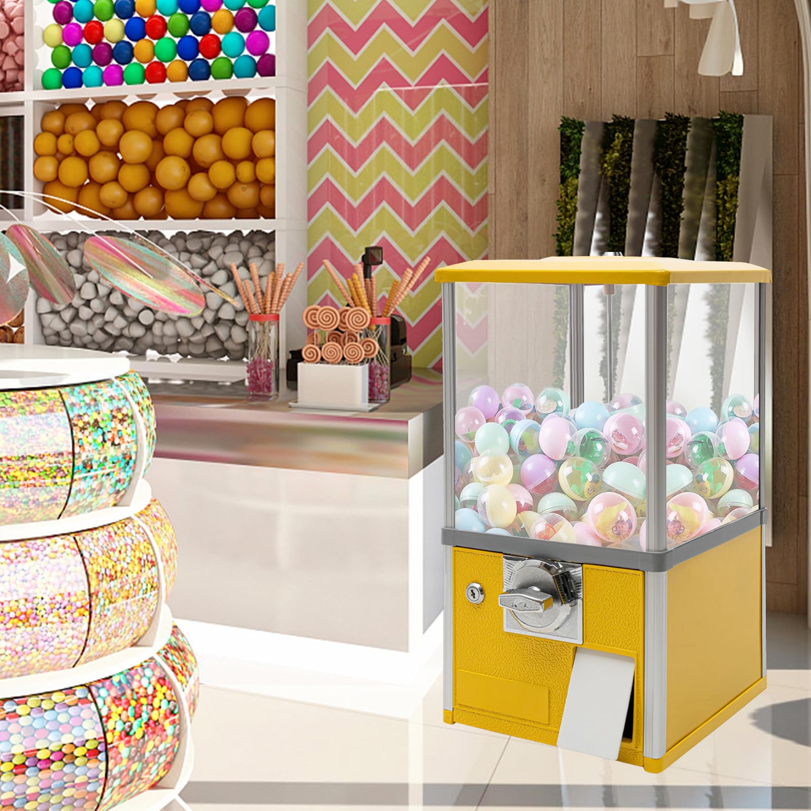 25 Cent Coin Operated Vending Machine - Commercial Gumball & Toy Capsule Dispenser - Prize & Candy Machine for Small Treats, Nuts, Feed (Yellow) - Perfect for Arcades, Retail Stores & Party Favors