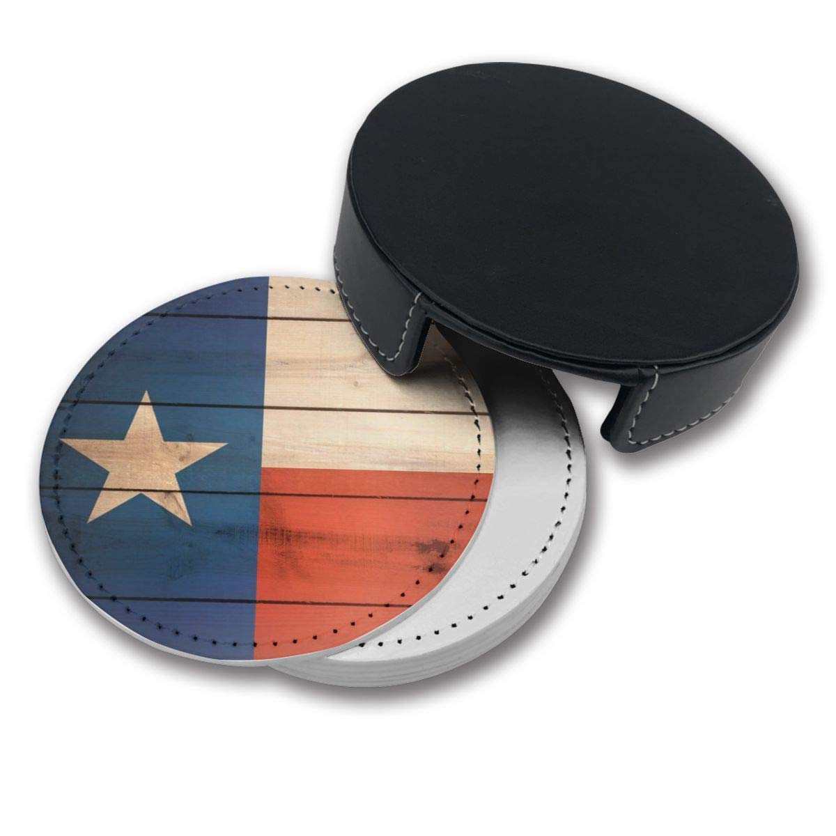 Wooden Texas Flag Drink Coasters with Holder - Set of 6 for Beer, Wine & Coffee Cups - Perfect for Home Bars, BBQ Parties & Office Use