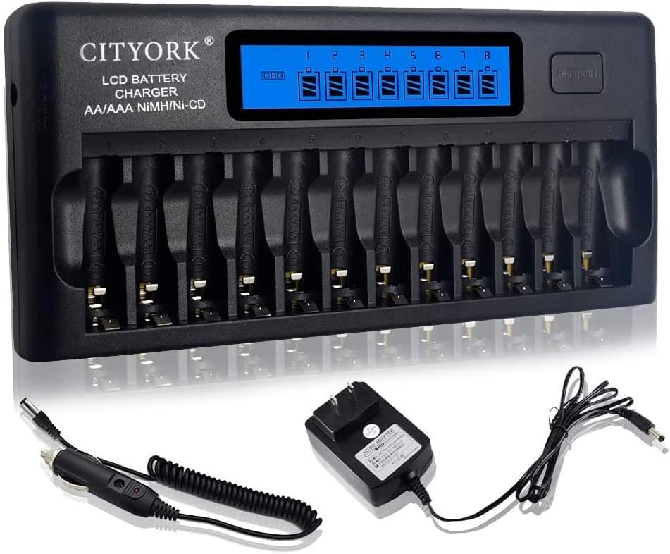 CITYORK 12-Bay LCD Smart AA AAA Battery Charger - Universal Intelligent Individual Charger with Refresh Function for Ni-MH Ni-CD Rechargeable Batteries - Includes AC & Car Adapter - Perfect for Home, Office, Travel & Emergency Power Needs