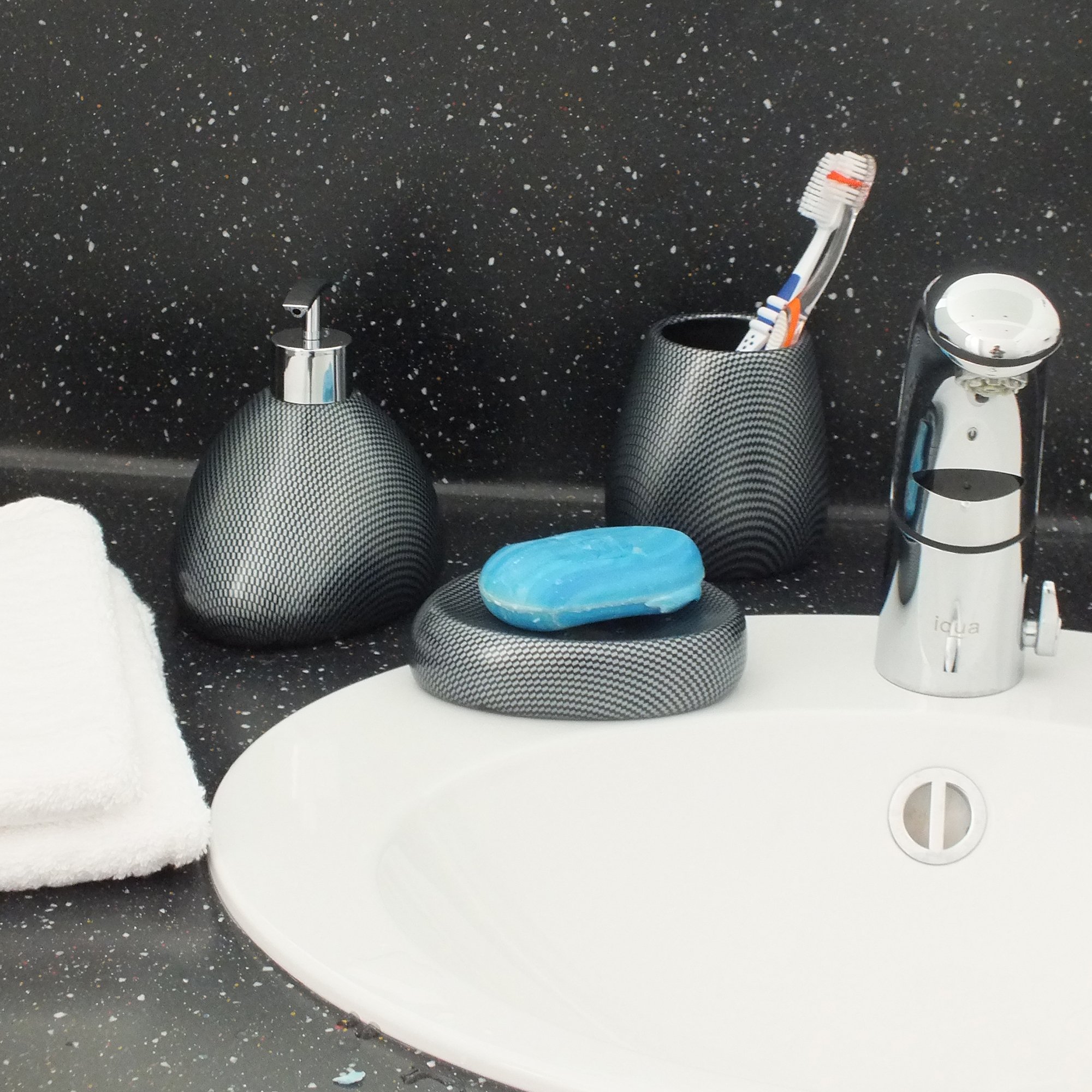 Kela Bathroom Tumbler Cup & Toothbrush Holder Set - Moiree Collection in Charcoal - Perfect for Bathroom Organization and Stylish Home Decor