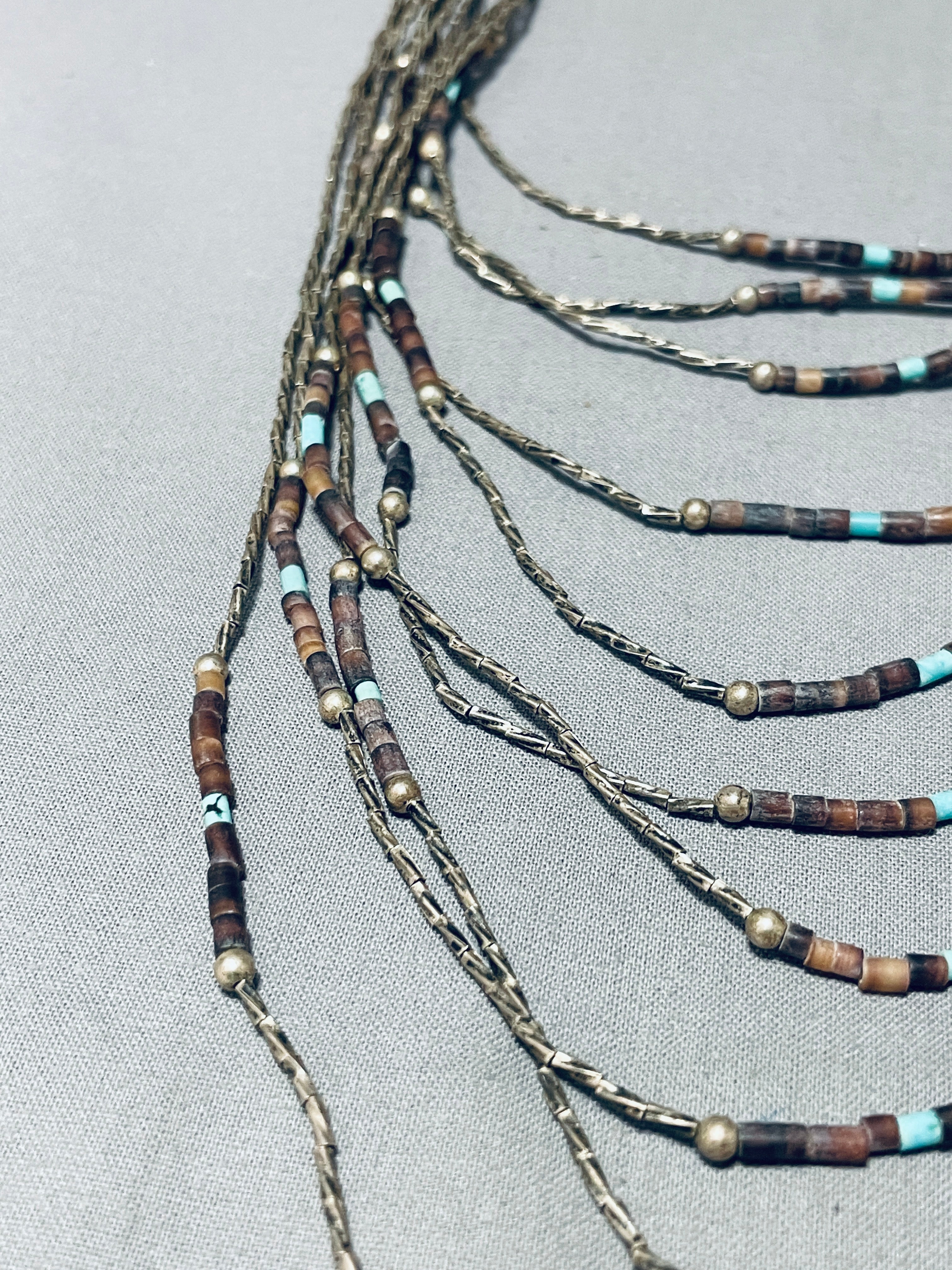 10 Tier Vintage Native American Navajo Turquoise Heishi Sterling Silver Necklace - Handmade Tribal Jewelry for Women, Boho Chic Accessory, Perfect for Festivals & Special Occasions