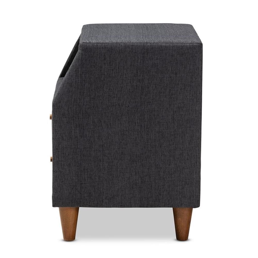 Baxton Studio Claverie Mid-Century Modern Nightstand - Charcoal Fabric Upholstered 2-Drawer Wood Bedside Table for Bedroom Furniture & Home Decor