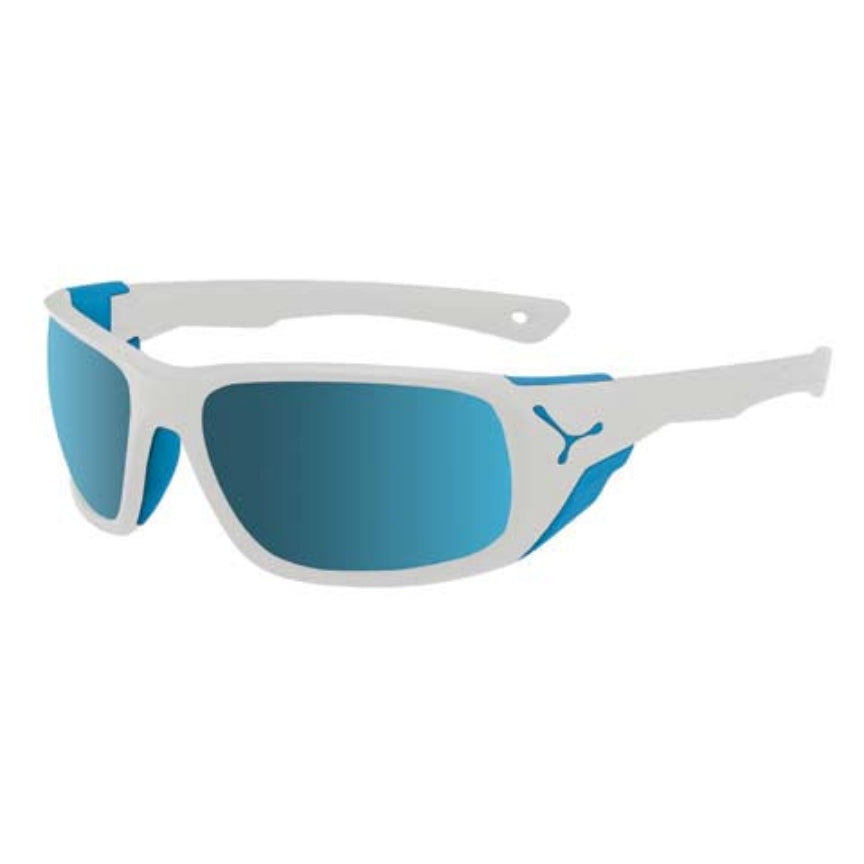 White & Blue Mirror Cat 4 Wraparound Mountaineering Hiking Sunglasses with Magnetic Side Shields - UV Protection for Outdoor Sports & Adventure Activities