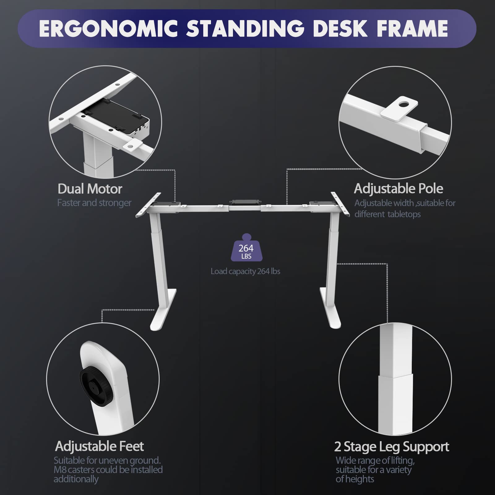 Dual Motor Electric Standing Desk Frame - Adjustable Height Desk Legs with 3 Memory Presets, 2 USB Ports & Heavy Duty Design | Perfect for Home Office, Gaming Setup & Workstation (White Frame)