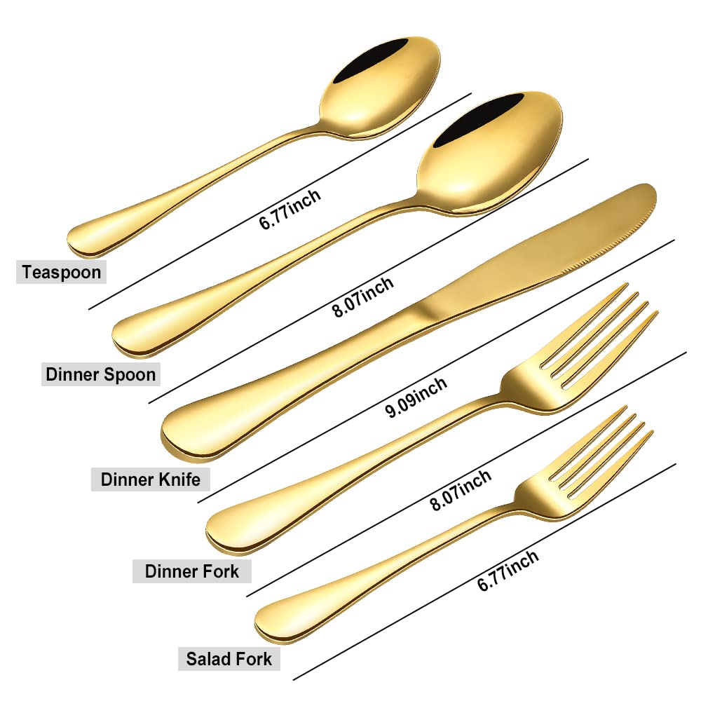 Premium 40-Piece Stainless Steel Gold Silverware Set for 8 - Titanium Plated Cutlery with Mirror Polish (Spoons, Forks, Knives) - Dishwasher Safe - Elegant Dinnerware for Weddings, Parties & Fine Dining
