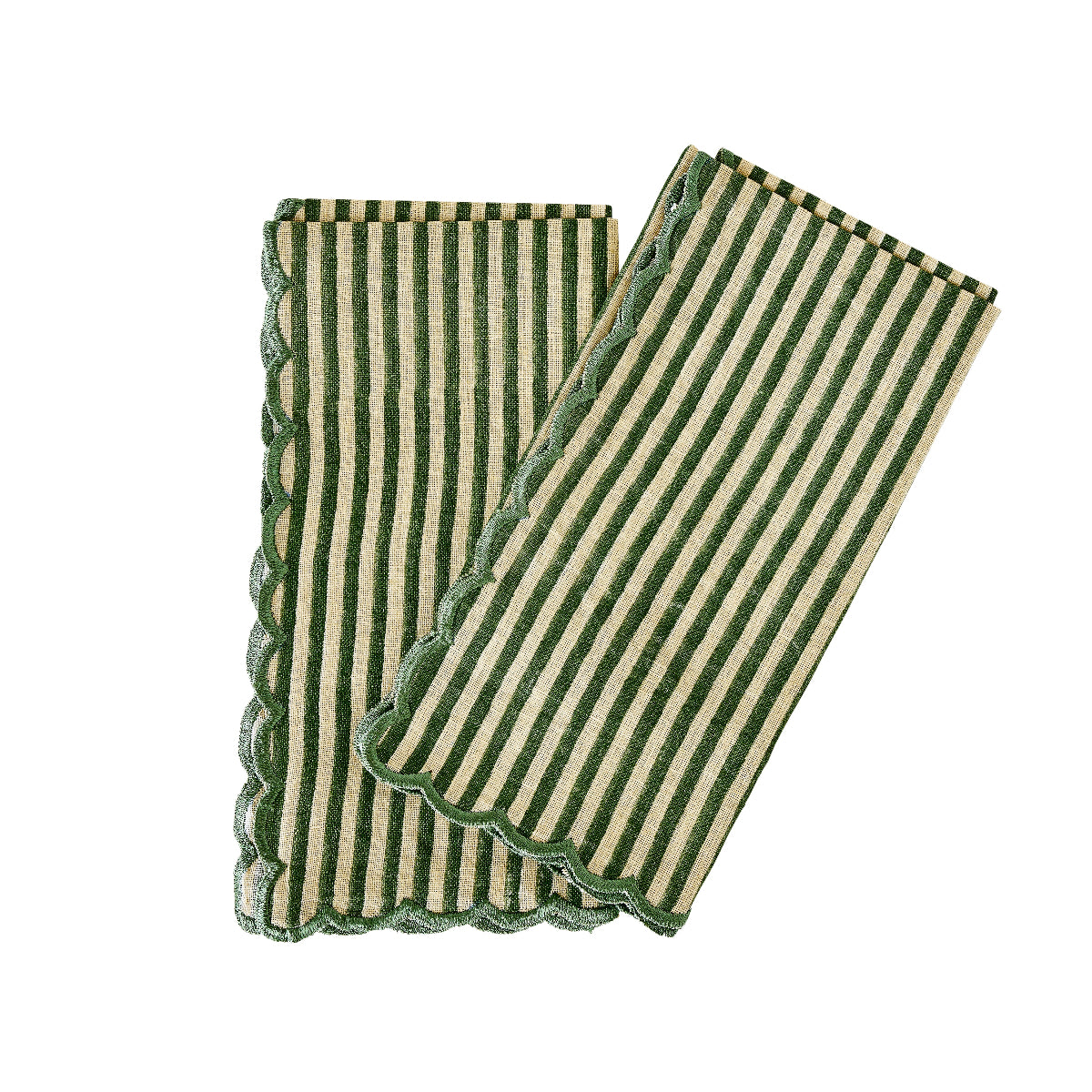 Eco-Friendly Green Stripe Scallop Edge Napkins - Premium Cotton Linen Dinner Napkins for Wedding, Party & Home Decor - Set of 12
