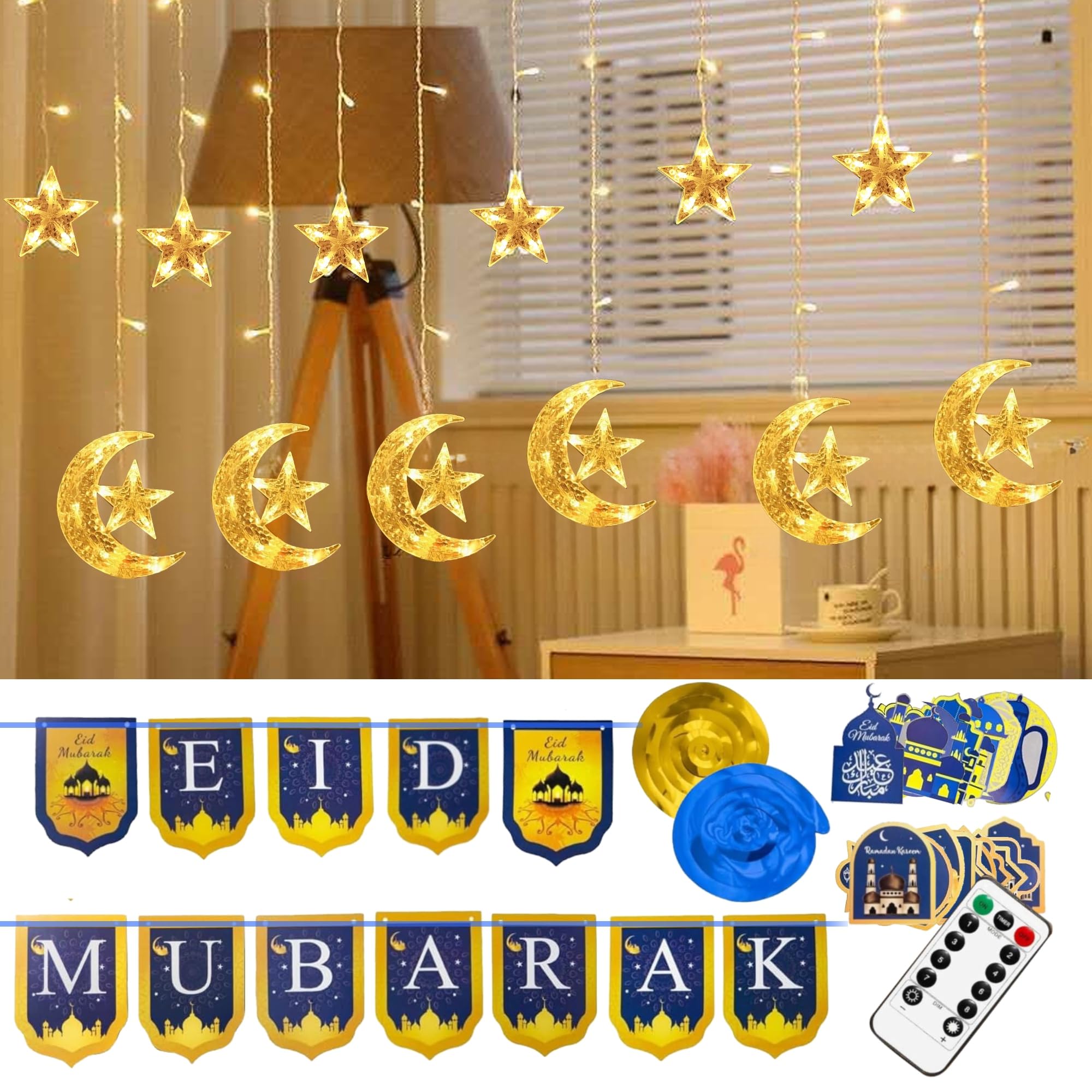 TW SHINE Ramadan Decorations - 138 LED Star Moon String Lights with Remote & 8 Modes, Ramadan Banner for Eid Al-Fitr Party Supplies (USB Powered) - Perfect for Home Decor, Mosque Lighting, and Ramadan Festival Celebrations