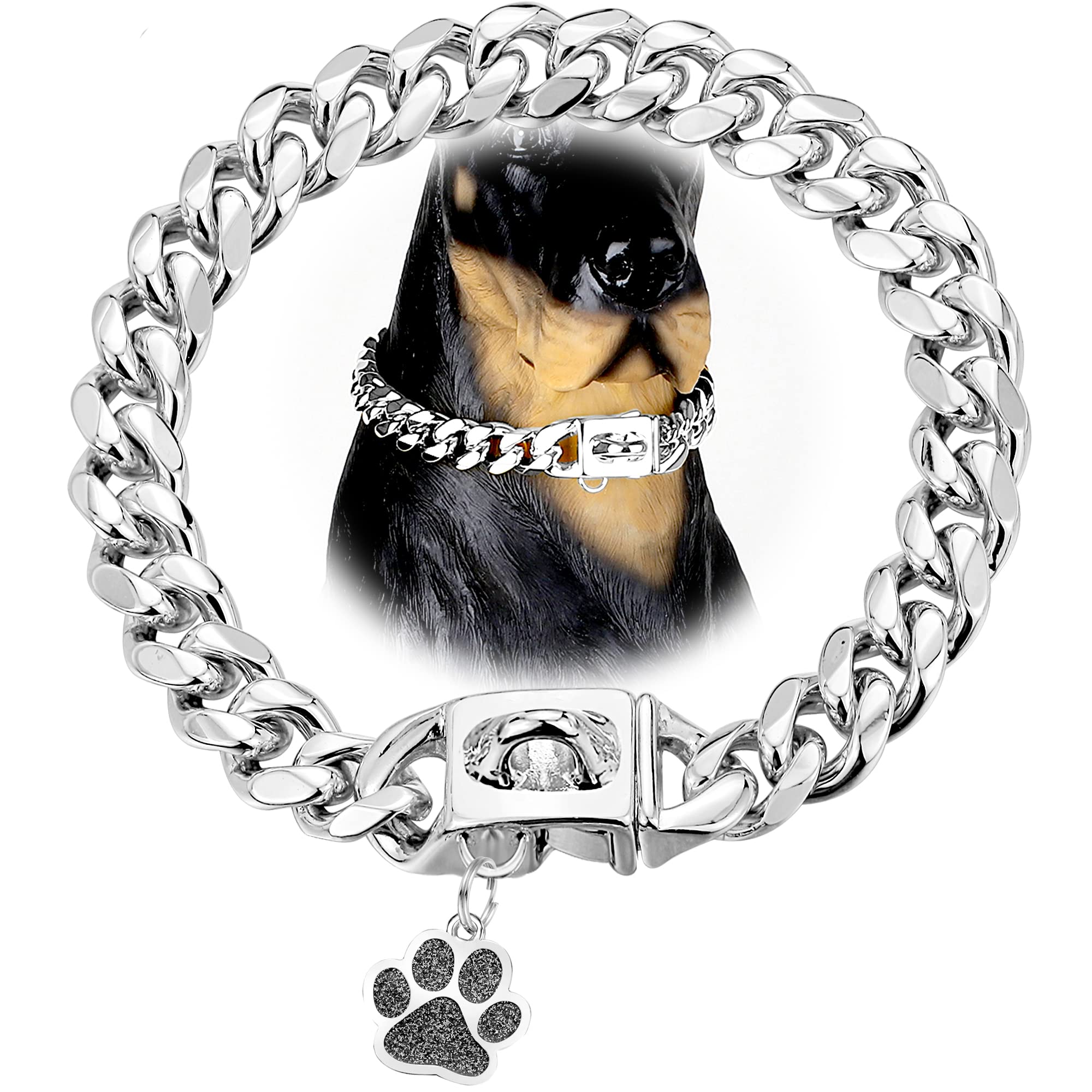 Premium 12mm Silver Cuban Link Stainless Steel Dog Collar with Buckle & ID Tag - Adjustable (10