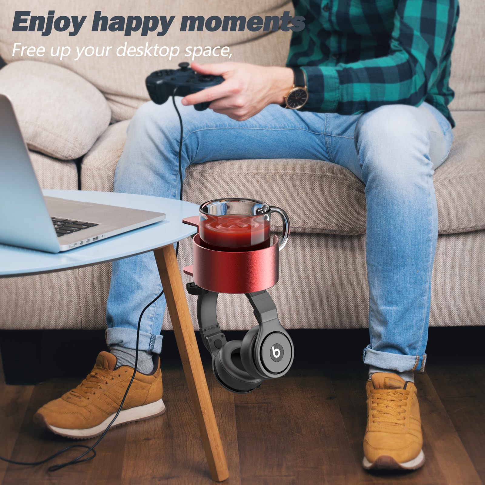 360° Rotating Under Desk Cup Holder & Headphone Hanger - Metal Clamp-on Organizer for Coffee Mugs, Water Bottles, Headsets & Pencils - Anti-Spill Gaming Desk Accessory (Red) - Perfect for Home Office, Gaming Setup & Workspace Organization