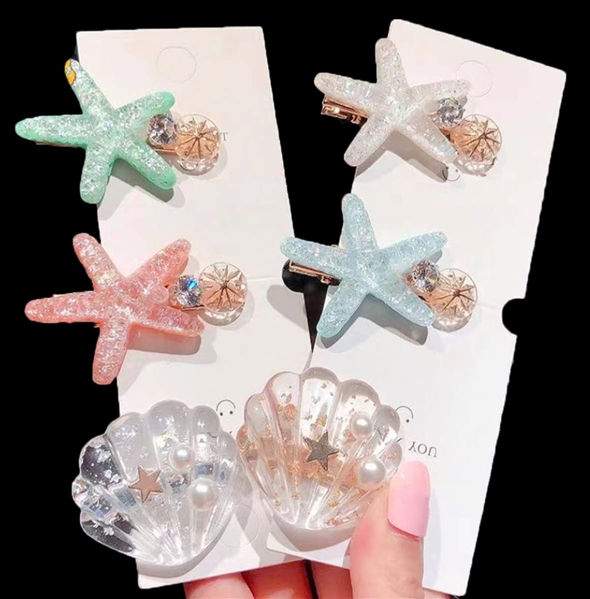 6Pcs Artificial Shell Pearl Starfish Hair Clips for Women - Elegant Hair Accessories Set with Super Flash Edge for Bangs, Parties, Weddings & Beach Occasions