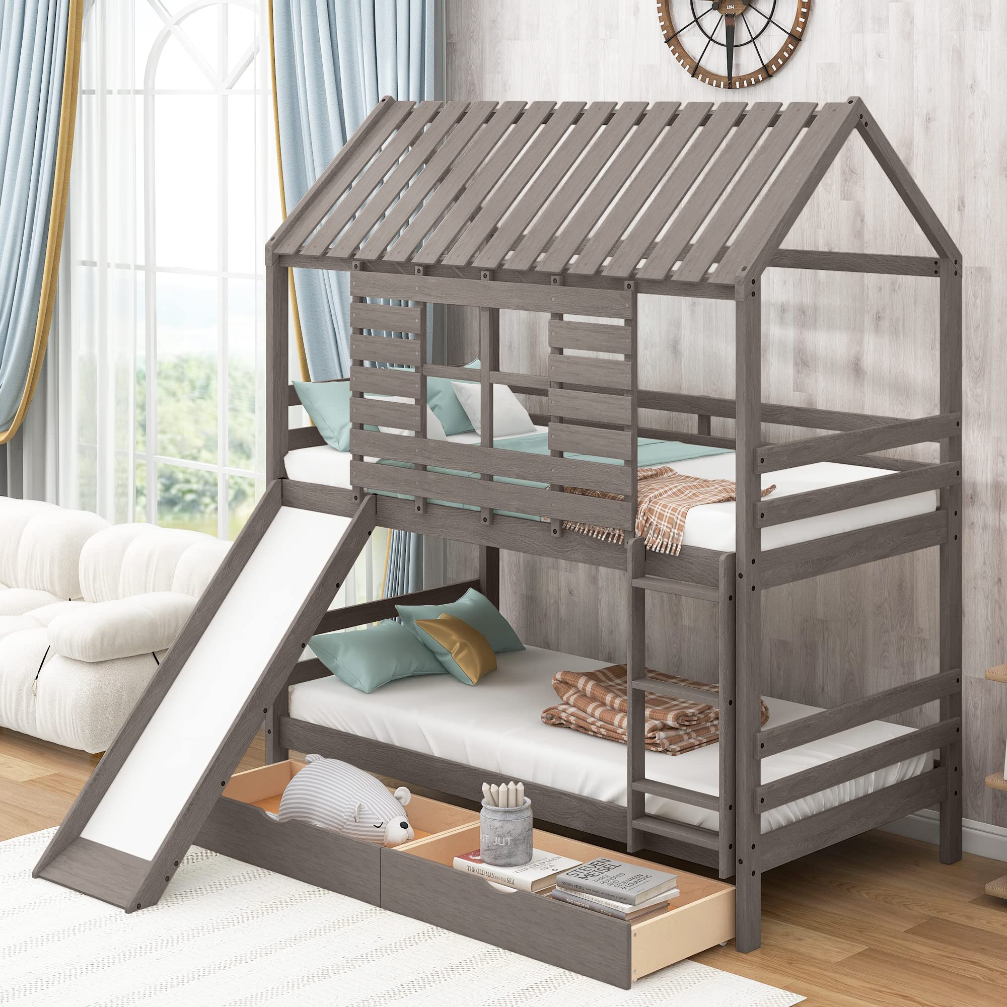 Kids Wood Bunk Bed with Slide, Storage & Ladder - Twin Over Twin for Bedrooms (Antique Gray)