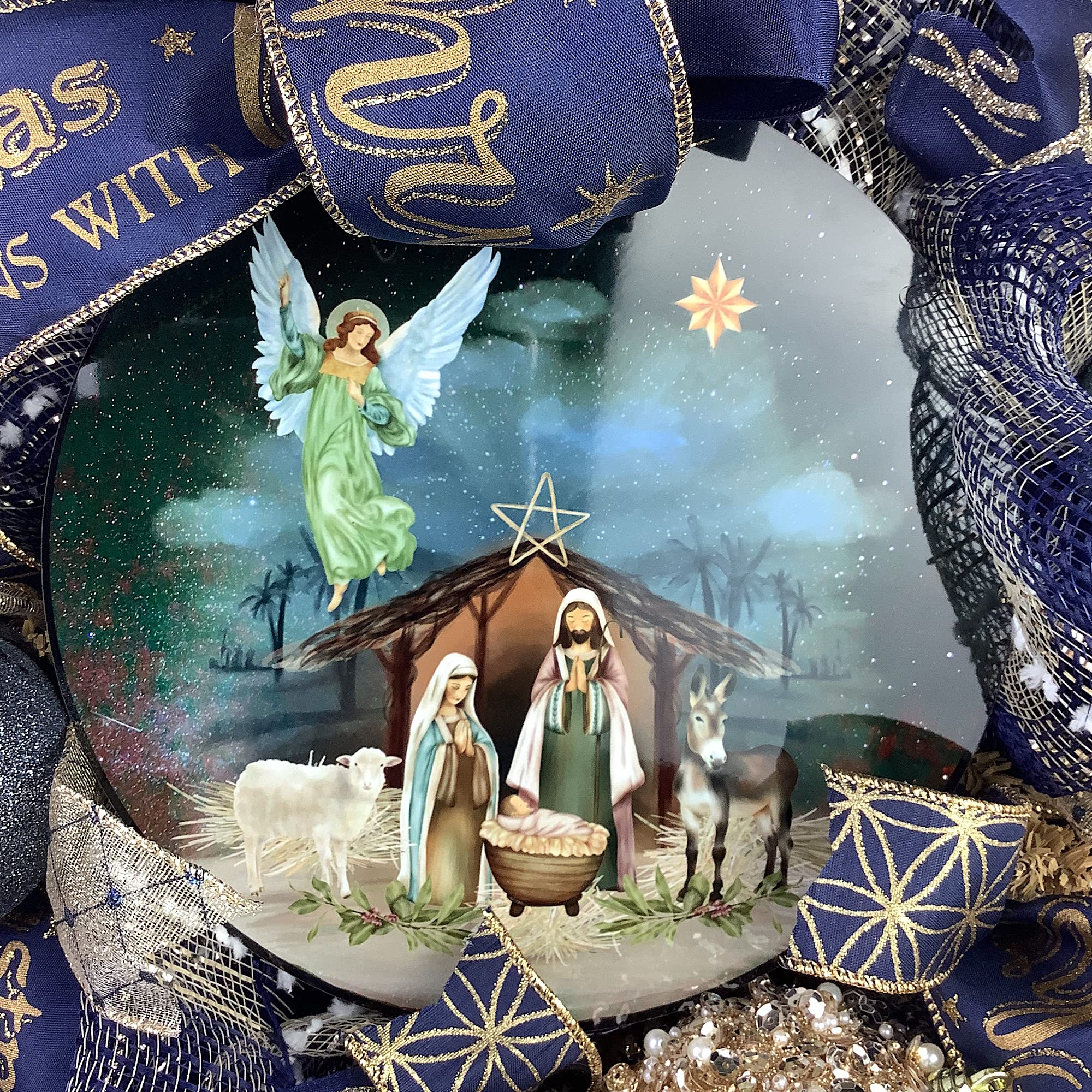 Nativity Christmas Wreath with Baby Jesus in Manger - Navy Blue & Gold Holiday Decor with Beautiful Ball Ornaments & Bow | Perfect for Front Door, Fireplace & Christmas Tree Decorations