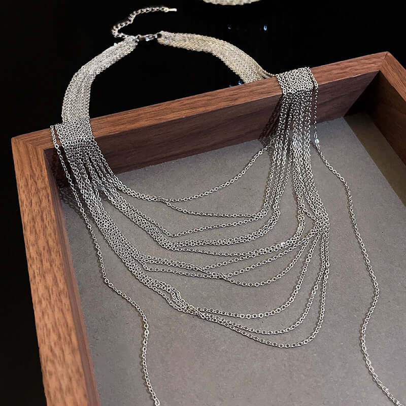 Multistrand Silver Tassel Chain Necklace HN2699 - Elegant Layered Jewelry for Women, Perfect for Parties, Weddings & Everyday Wear