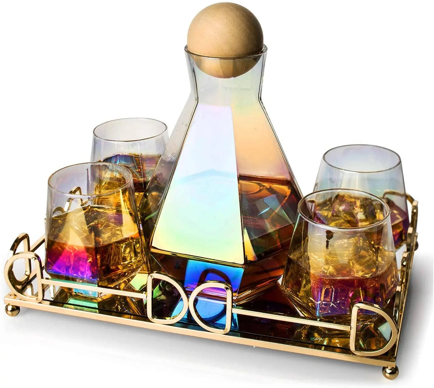 Diamond Iridescent Glass Decanter Set with Tray - Elegant Barware for Whiskey, Wine & Cocktails - Perfect for Home Entertaining, Weddings & Gifts