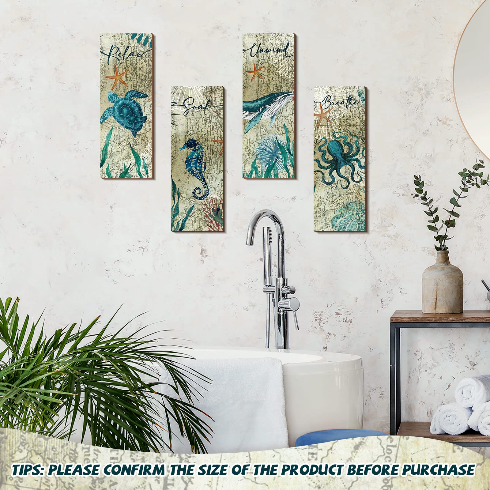 4-Piece Coastal Wall Art Set - Sea Turtle & Octopus Wooden Signs for Beach Bathroom Decor, Nautical Bedroom Pictures, Teal Kitchen Accessories | Perfect for Coastal, Ocean & Nautical Home Decor Themes
