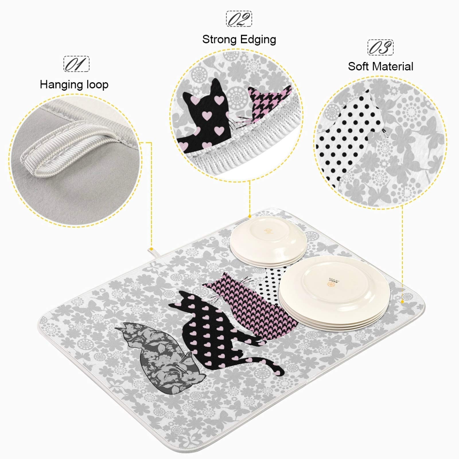 Butterfly Cat Dish Drying Mat for Kitchen Countertop - Absorbent Kitten-Themed Dish Dry Pad 18x24 Inches - Easy Clean Drainer Mat for Dishes, Cups & Utensils - Perfect Kitchen Gift for Cat Lovers & Spring Decor