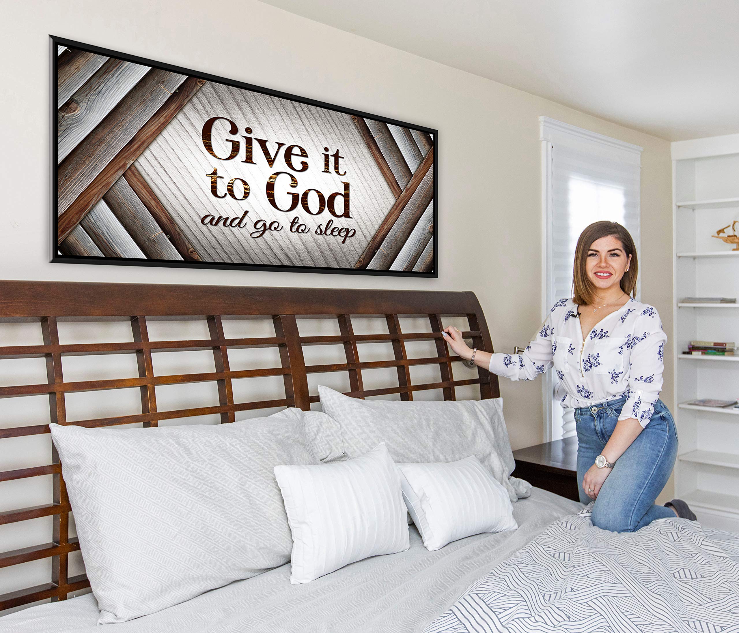 Give it to God And Go To Sleep Christian Wall Art - Large 42x19 Farmhouse Religious Decor with Floating Frame (Brown/Black) - Perfect for Master Bedroom, Living Room & Prayer Space