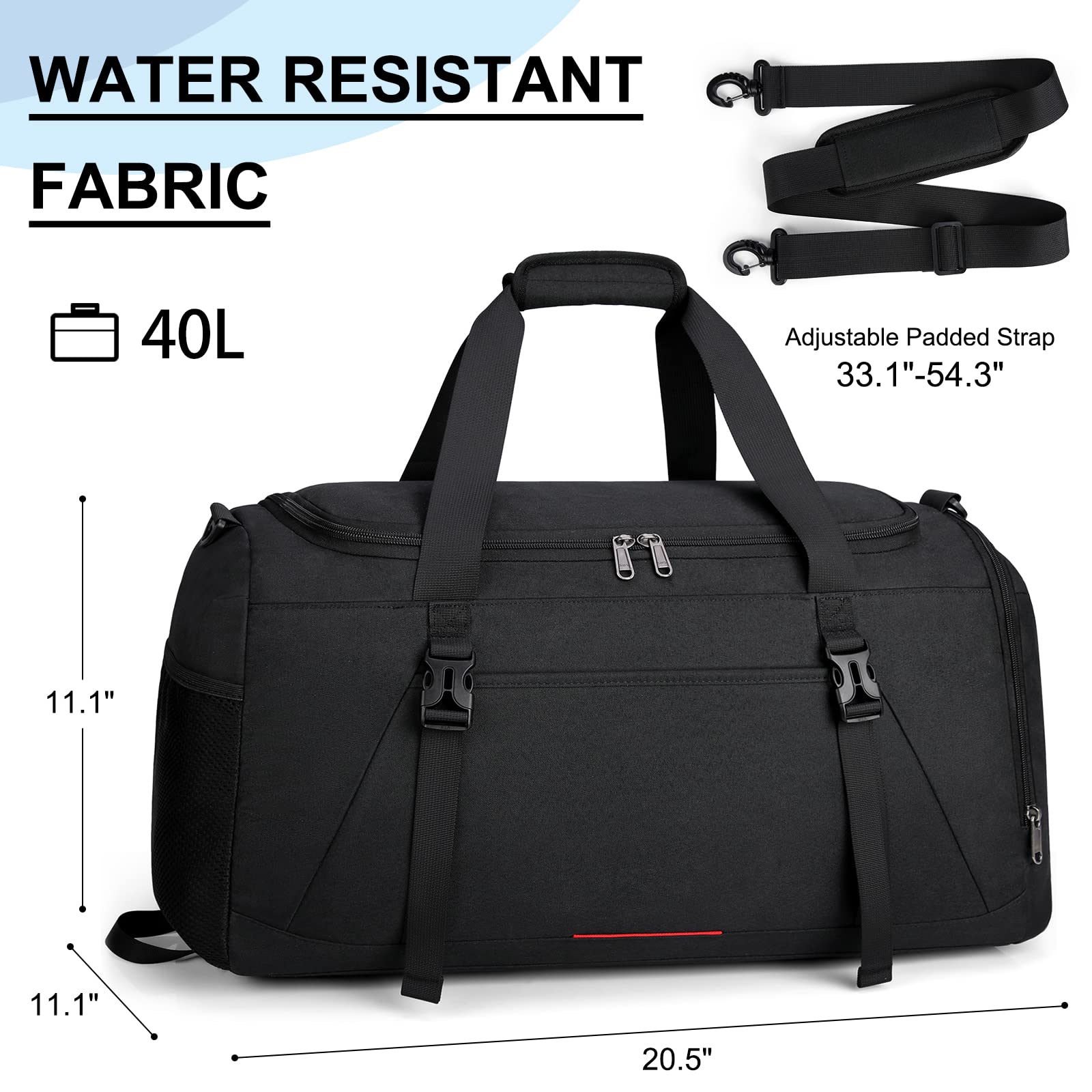 **40L Waterproof Gym Bag for Men & Women - Lightweight Sports Duffle Bag with Shoe Compartment & Wet Pocket - Large Travel Carry On Weekender Overnight Bag for Workouts, Travel & Gym - Black**